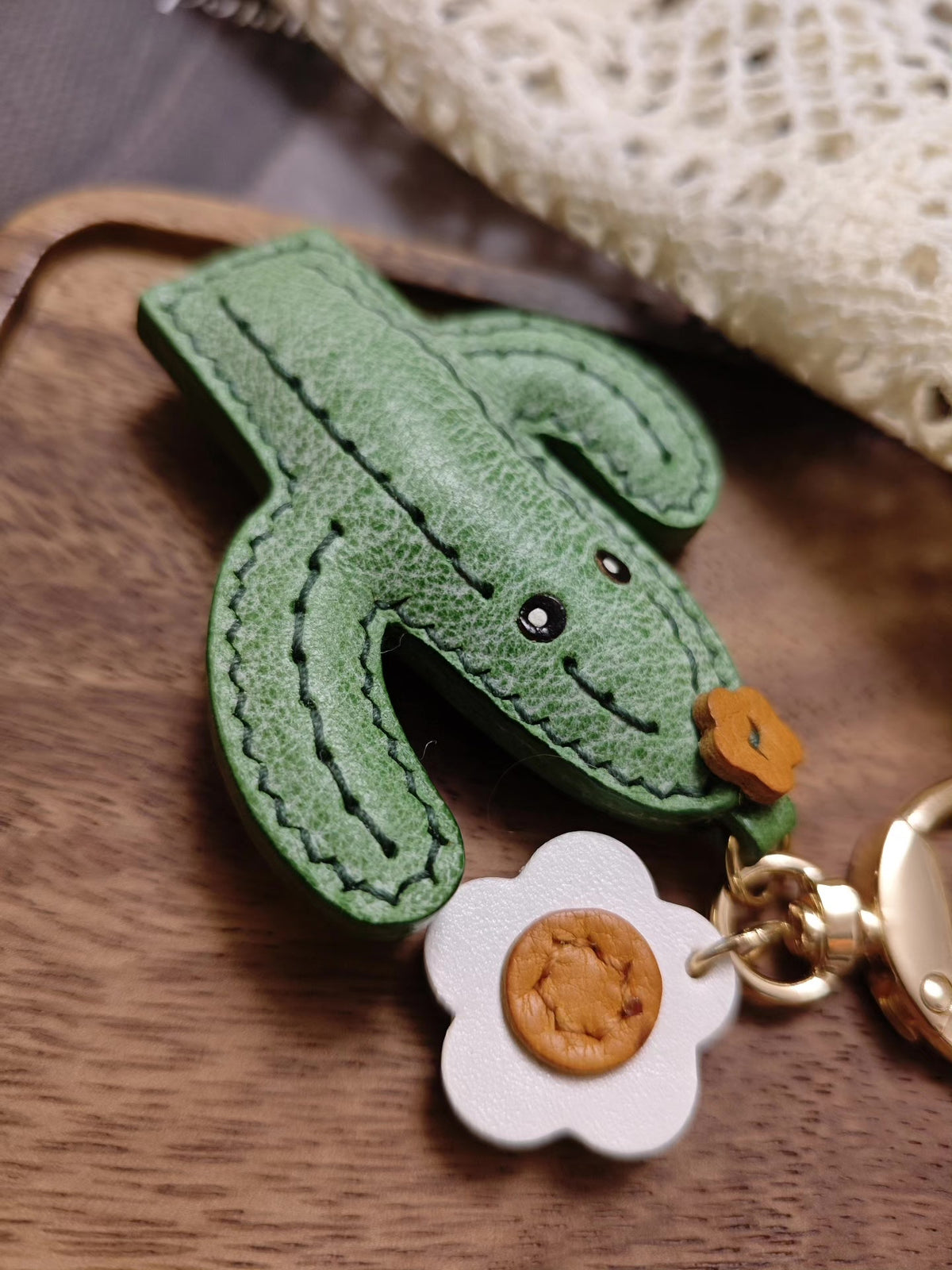 Waxed Leather Cactus Keychain with White Flower Charm