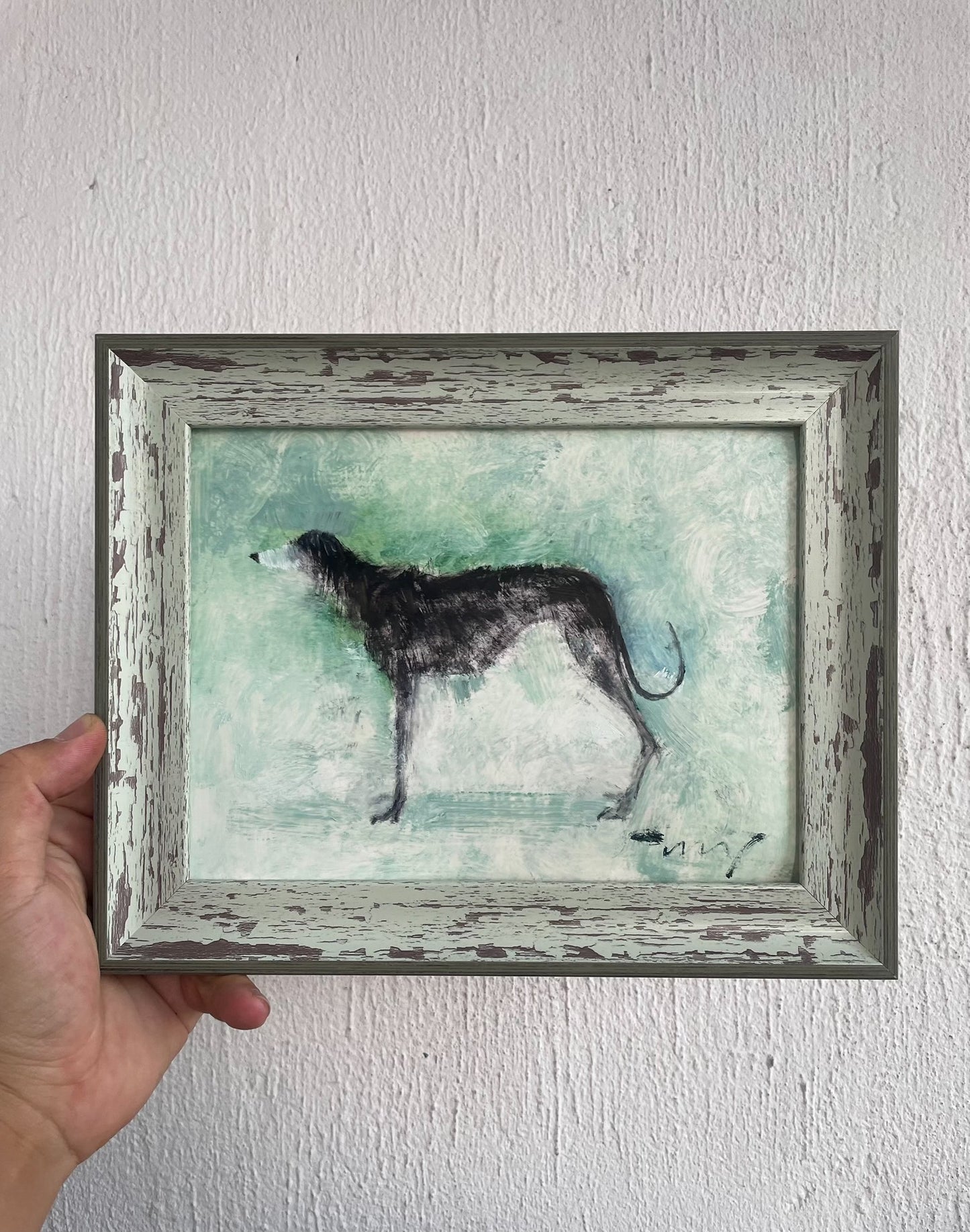 Hand-Painted Oil Artwork of a Slender Sighthound in Rustic Frame