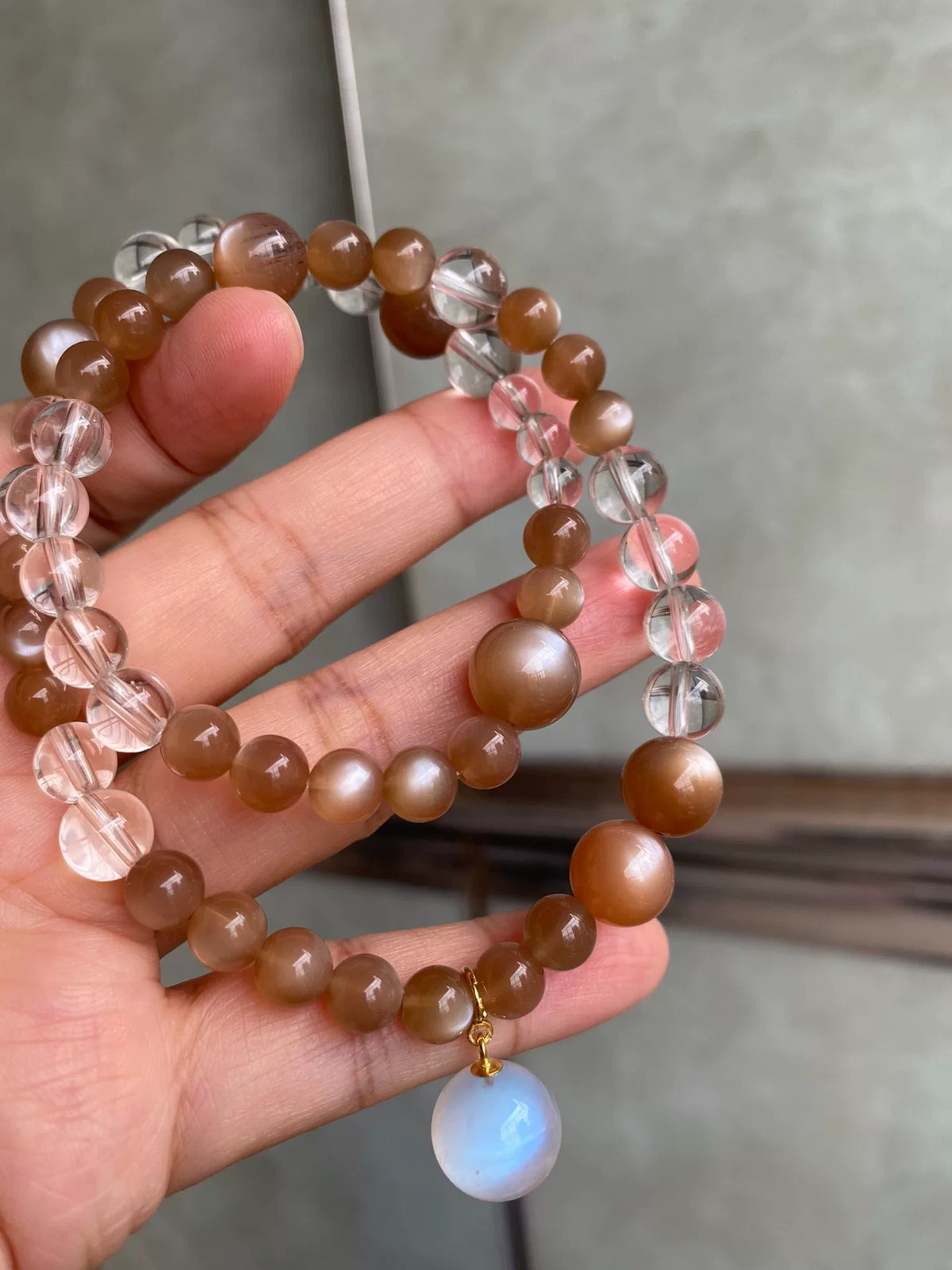 Moonstone and White Quartz Double Loop Bracelet