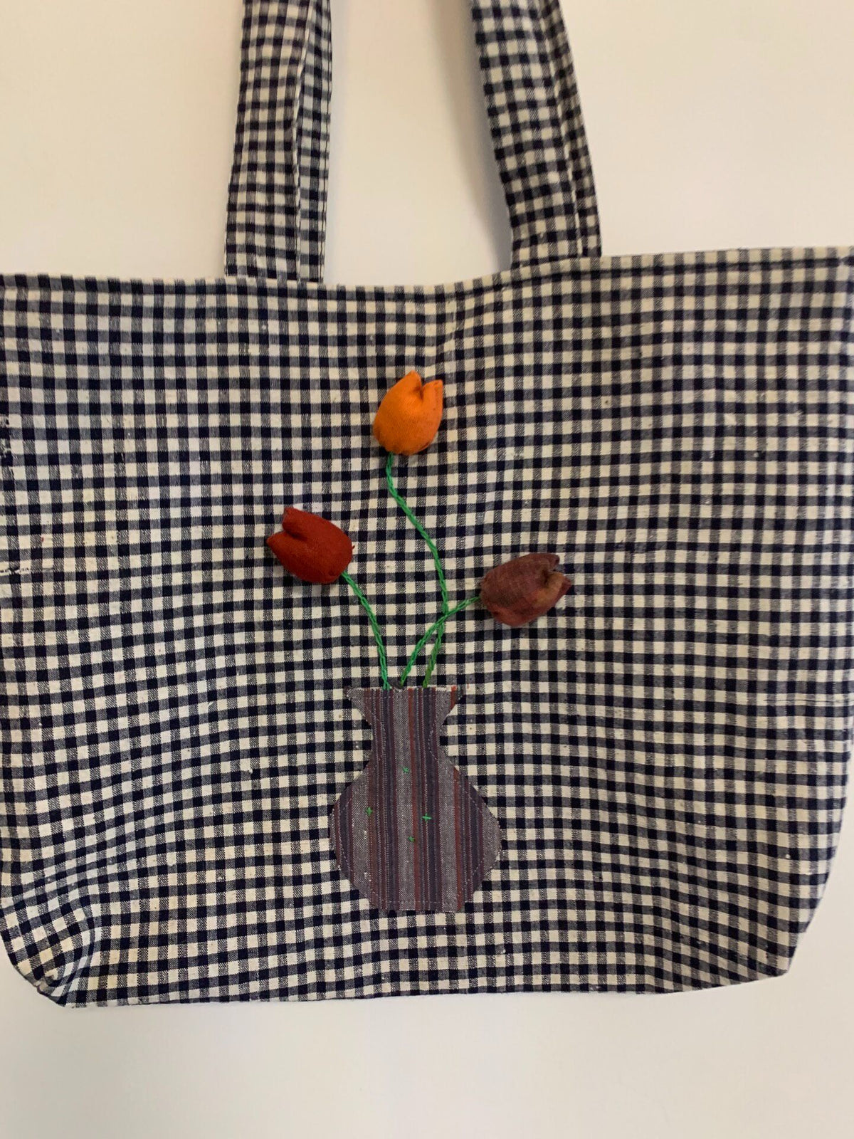Handwoven Blue Gingham Tote with Applique Flowers