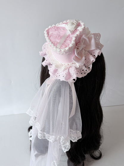 Pink Rose Heart Mini Top Hat with Veil Lolita Headpiece