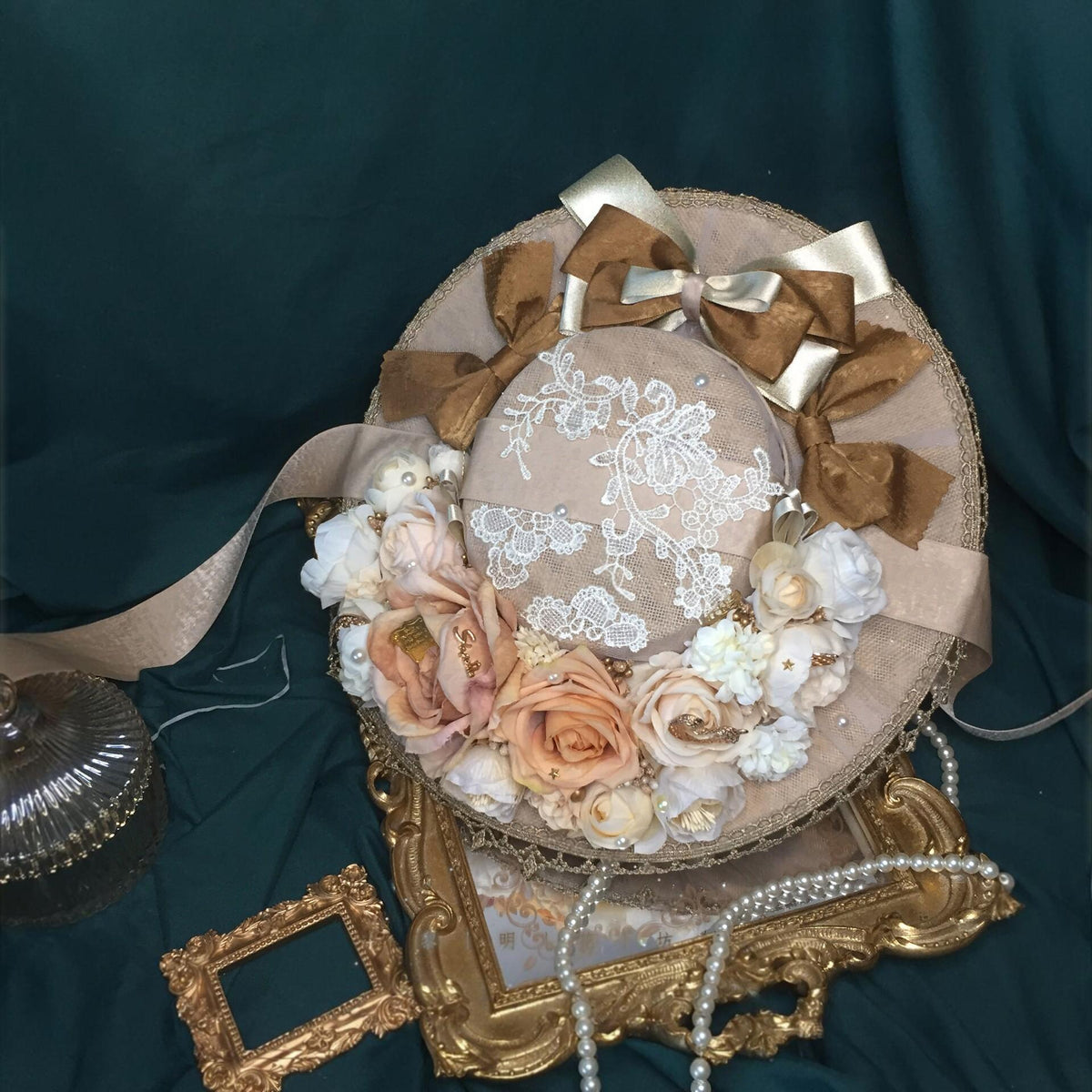 Lolita Flat Hat with Floral Lace Trim