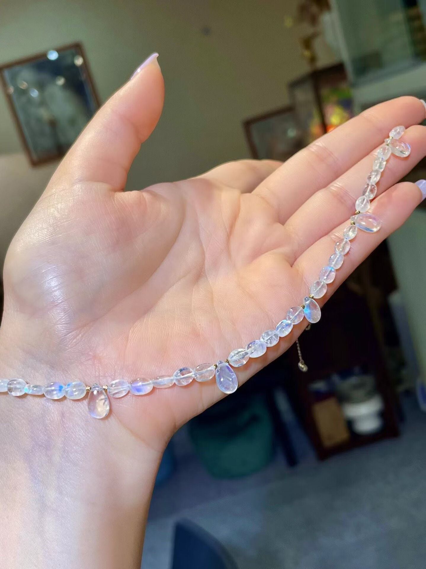 Moonstone Teardrop Necklace, 9.5mm x 5.5mm, Blue Adularescence