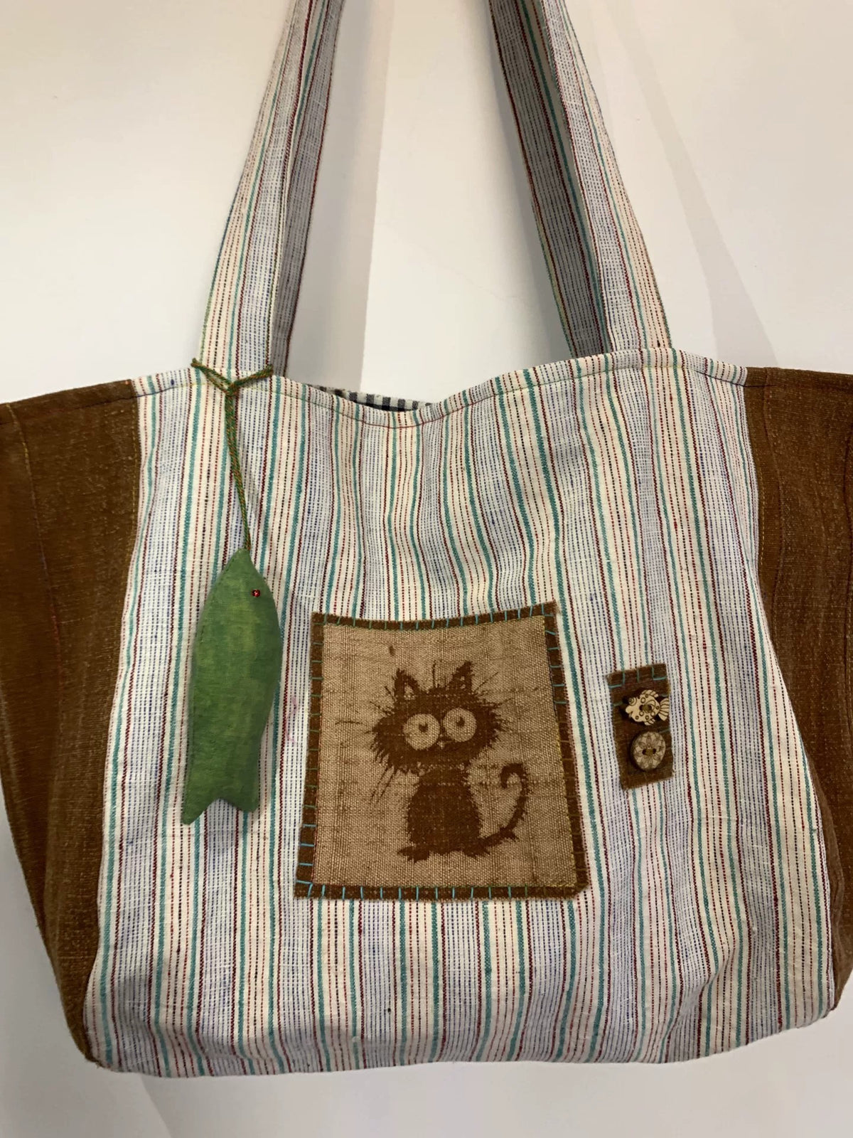 Handmade Woven Cotton Tote Bag with Cat Appliqué