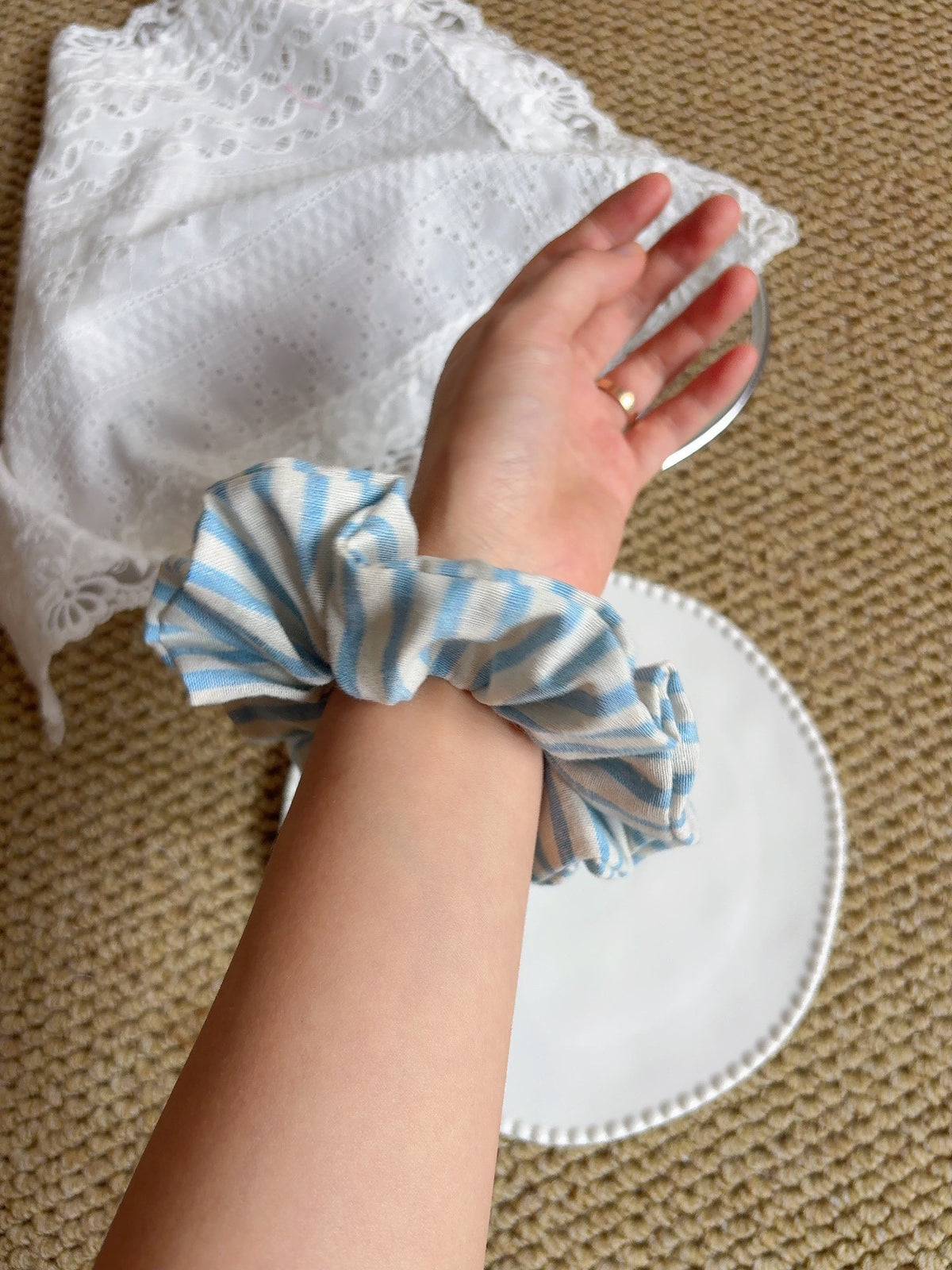 Handmade Gray Blue Striped Hair Tie