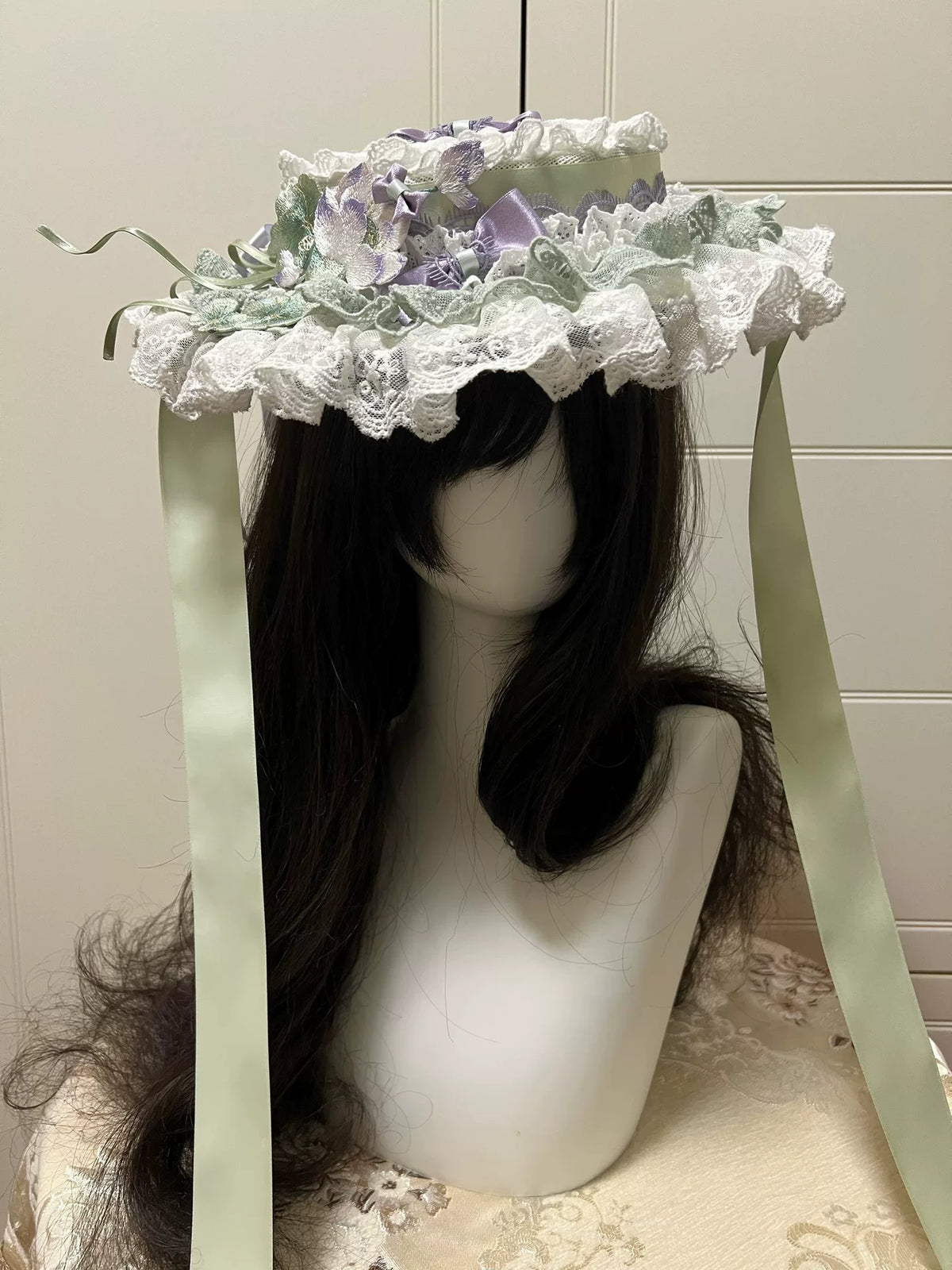Sage Green Lotus Embroidered Flat Bonnet with Lace Brim
