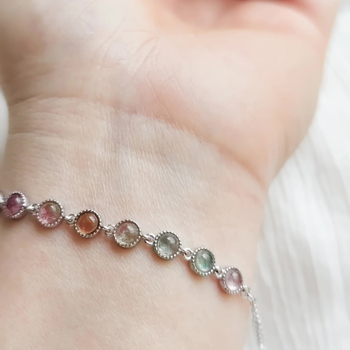 Pink Green Gemstone Silver Bezel Bracelet