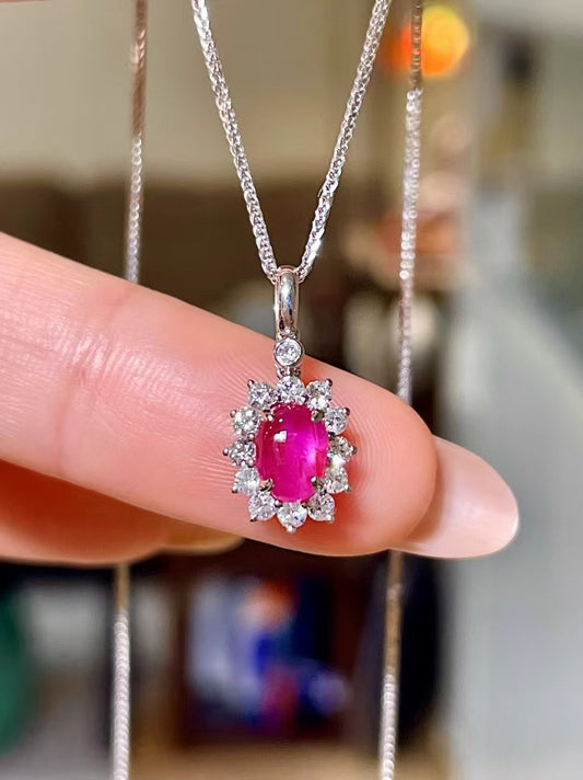 18k Gold Star Ruby Pendant with Diamond Halo