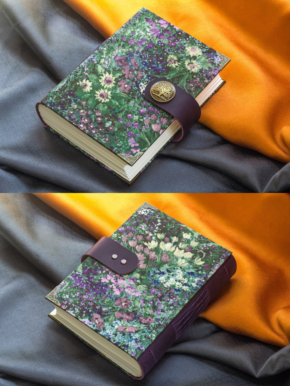 Blumenstoff-Journal mit Lederriemen
