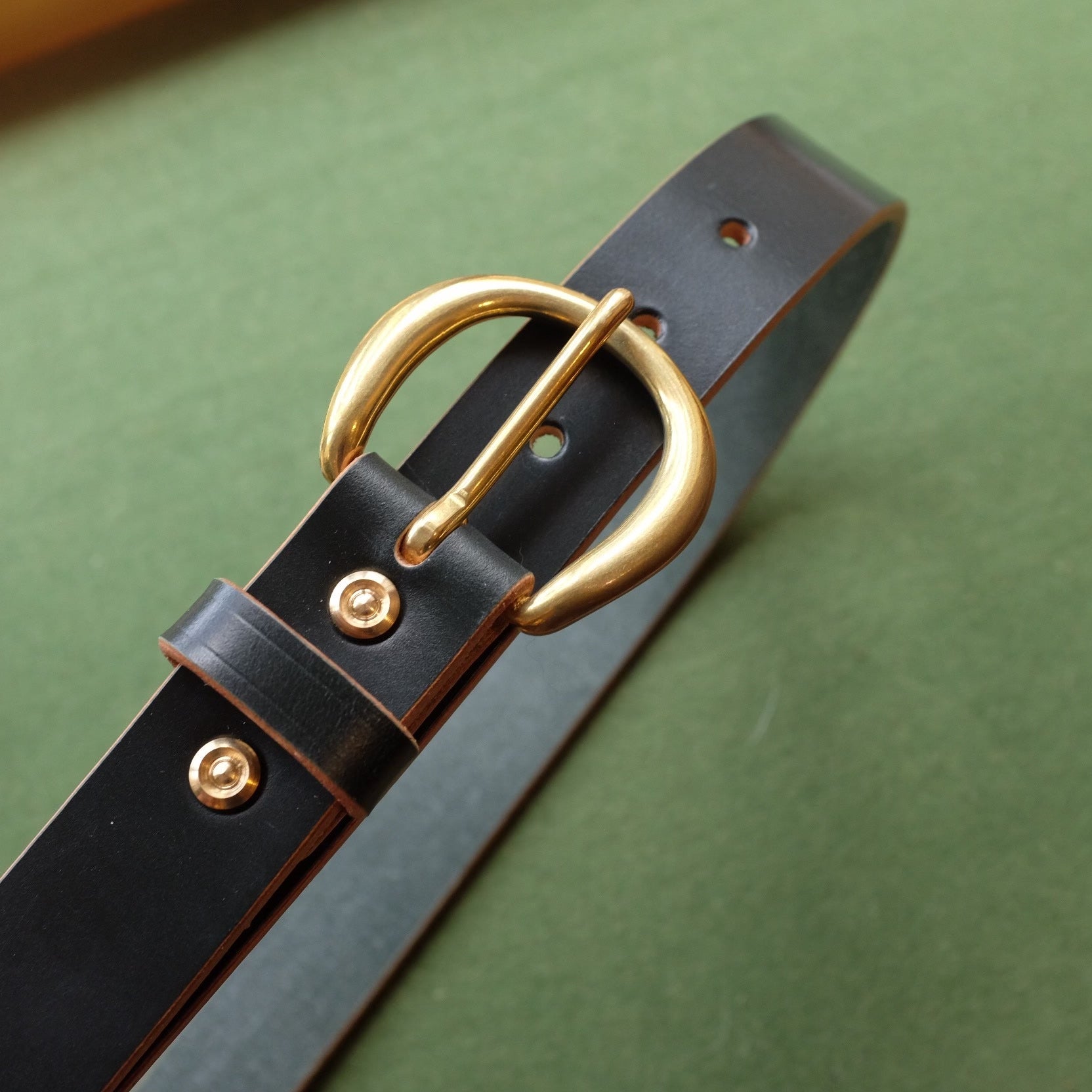 Dark Leather Belt with Brass Oval Buckle