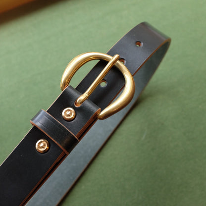 Dark Leather Belt with Brass Oval Buckle
