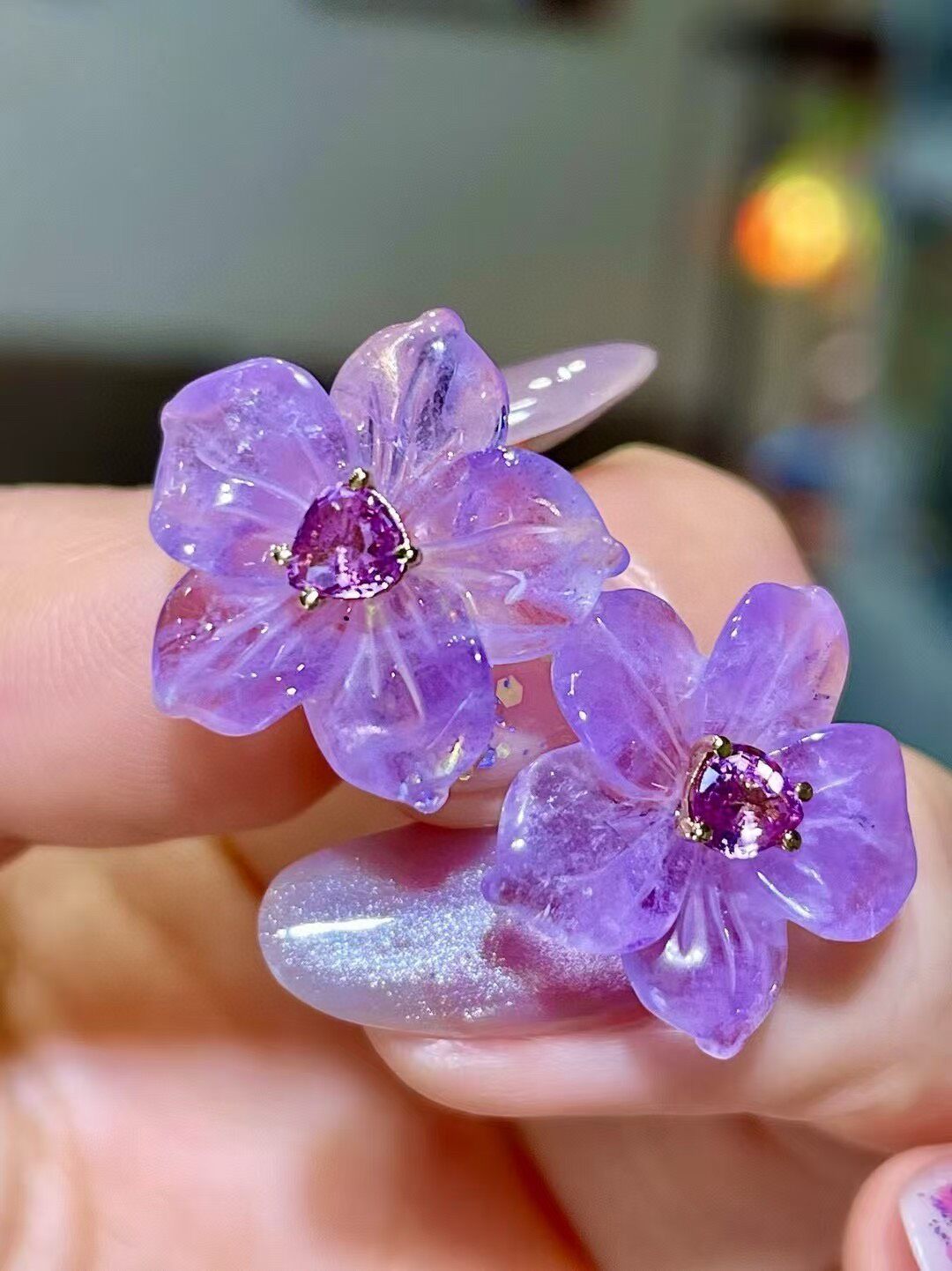 Amethyst Floral Stud Earrings with Pink Sapphire Center in 18K Gold