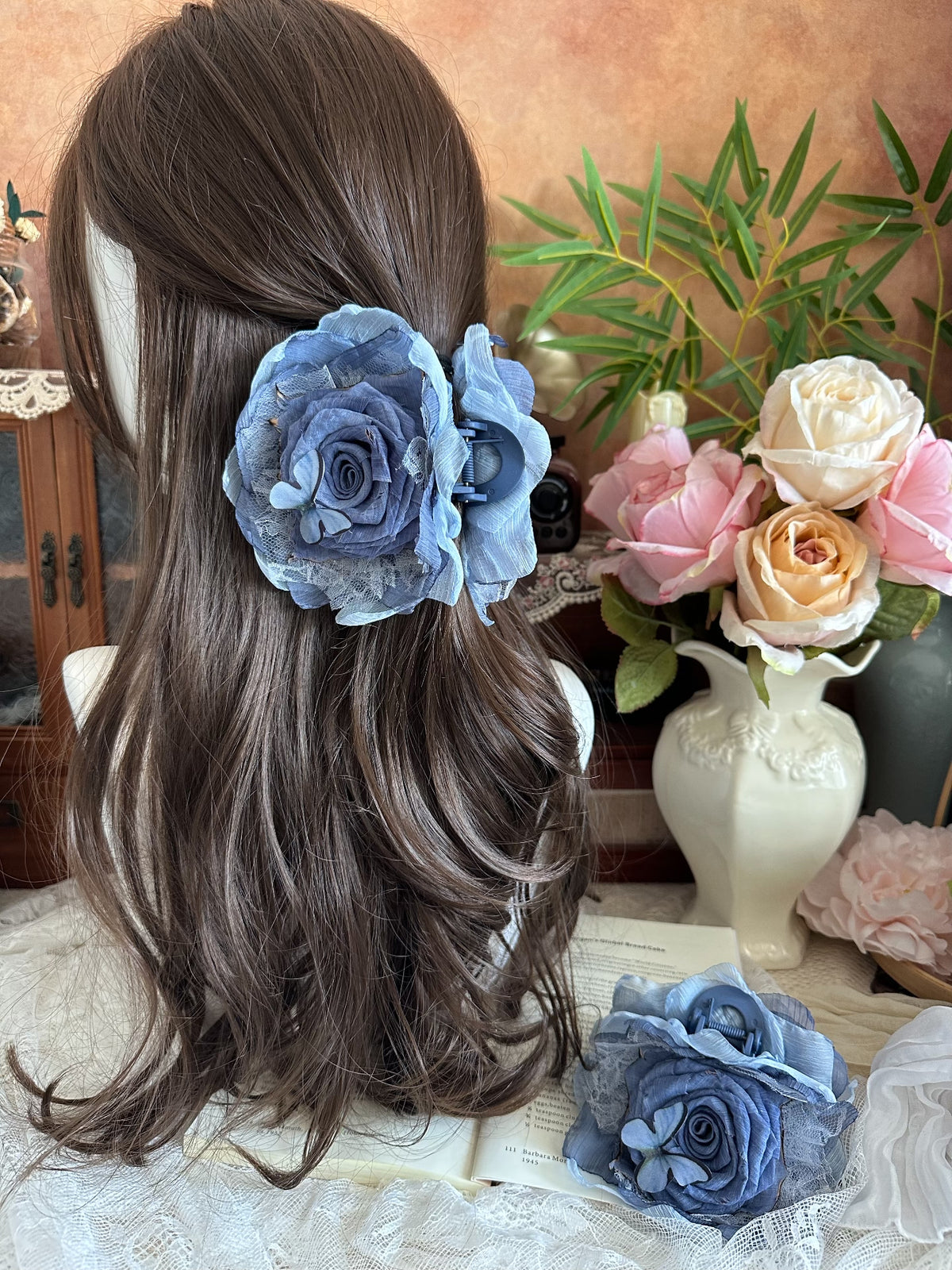 Handcrafted Fabric Rose Blue Hair Claw Clip