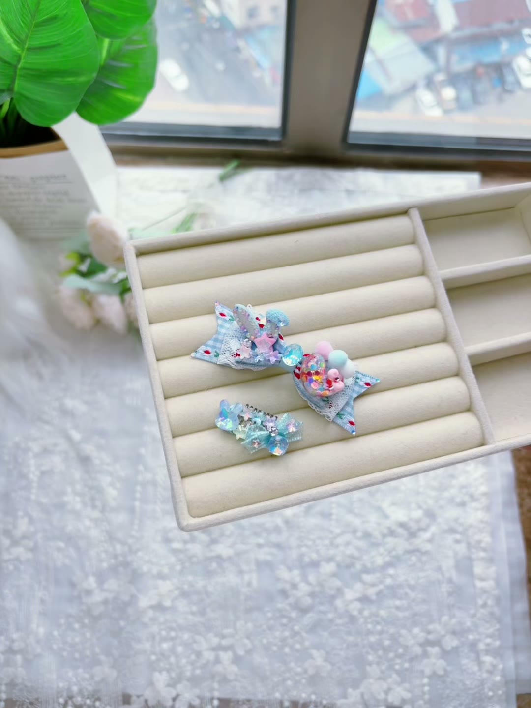 Handcrafted Blue Pet Hair Bow Clip Set