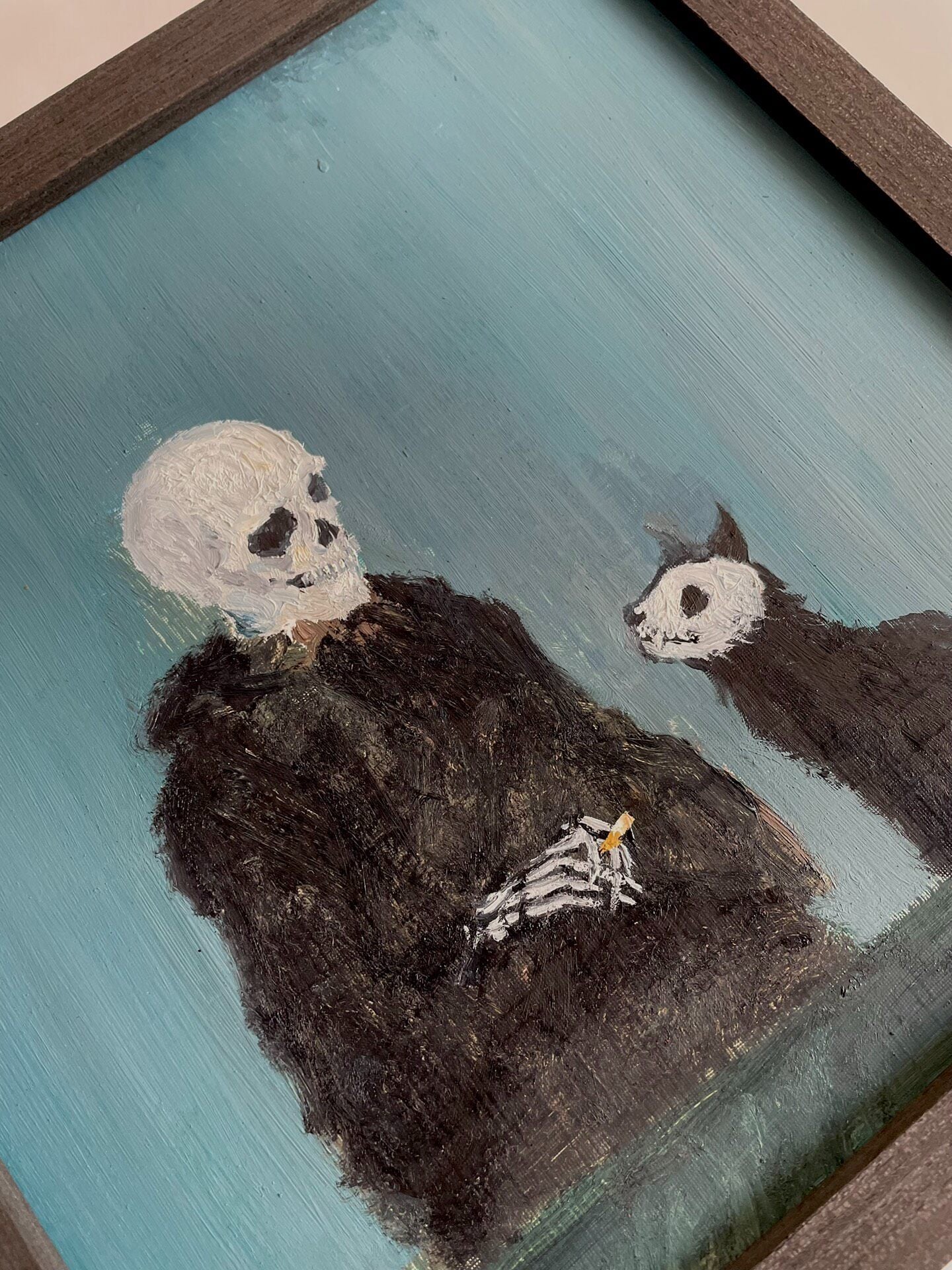 20x20cm Hand-Painted Oil Easel Painting, Skeleton Figure with Cat