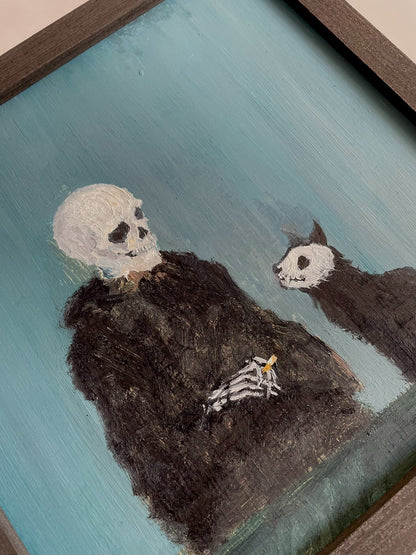 20x20cm Hand-Painted Oil Easel Painting, Skeleton Figure with Cat
