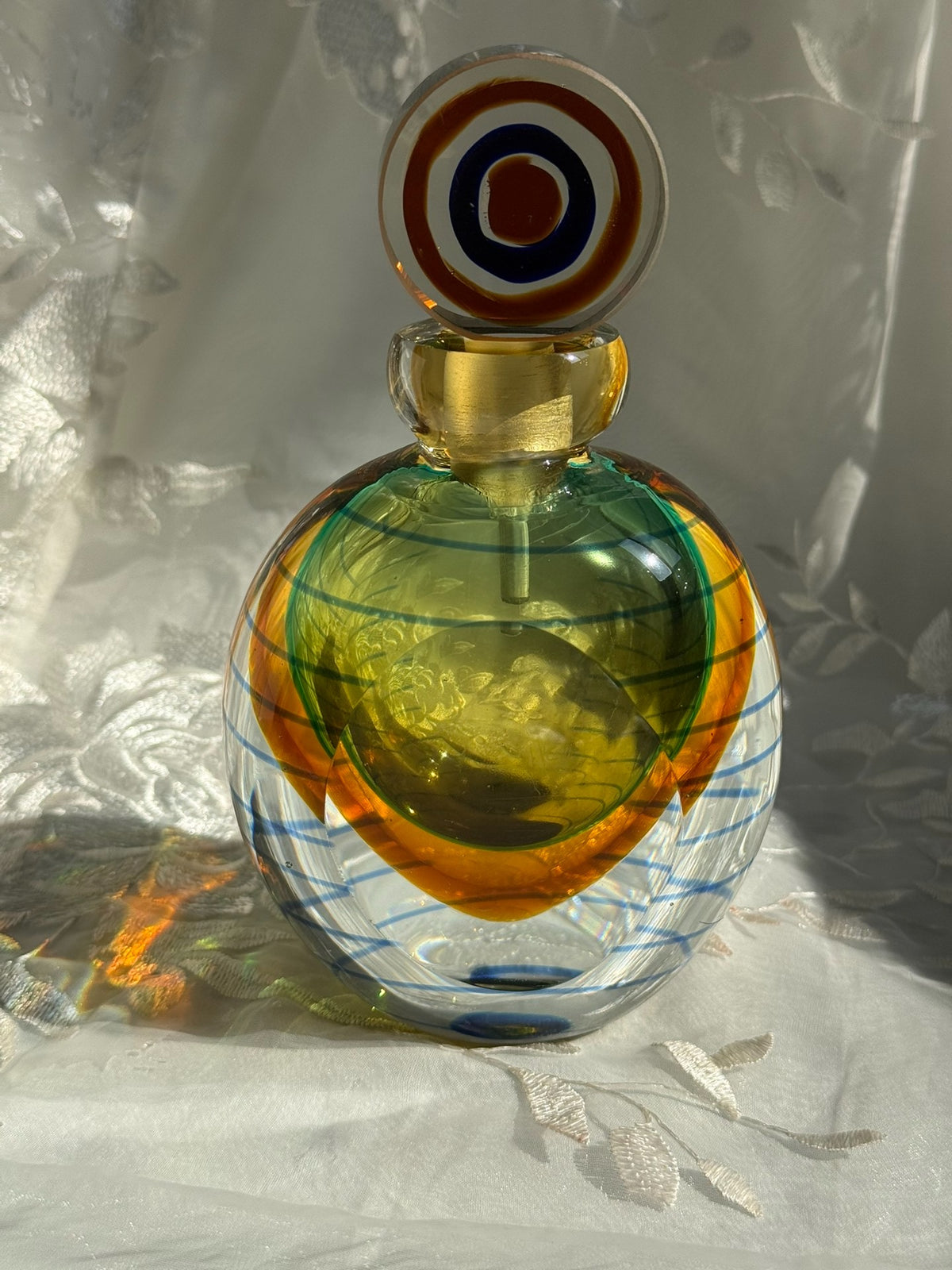 Flacon à parfum ou vase en verre vert et ambre vintage