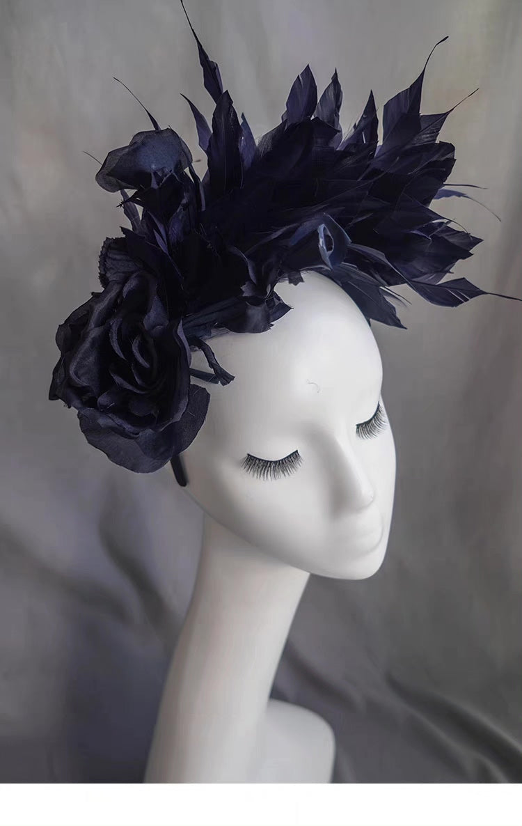 Navy Silk Feather Rose Headband