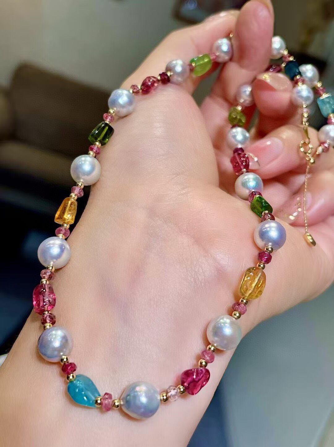 Beryl and Freshwater Pearl Necklace with 18K Gold Clasp