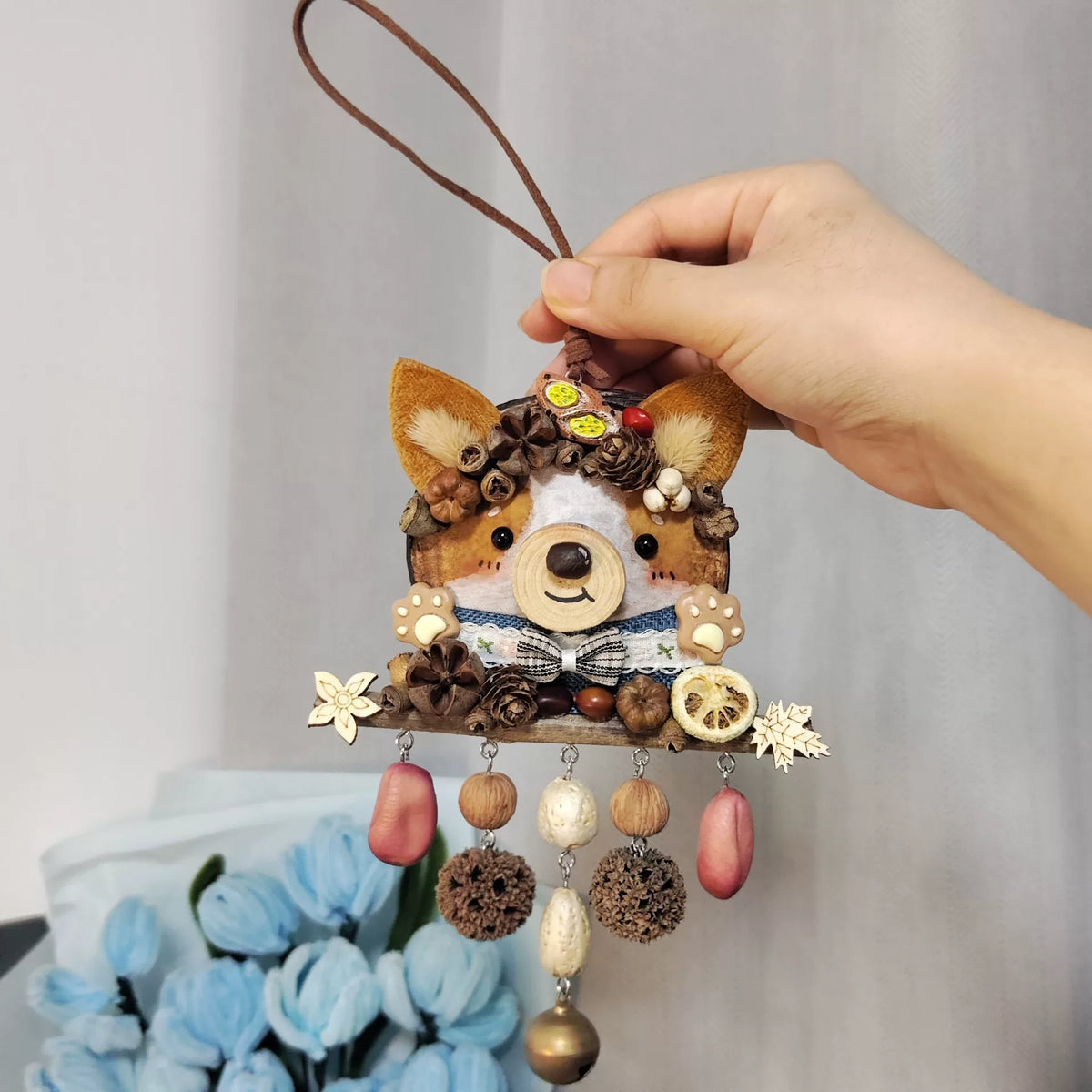 Handgemaakte Entada Zaadappel Corgi Gezicht Ornament