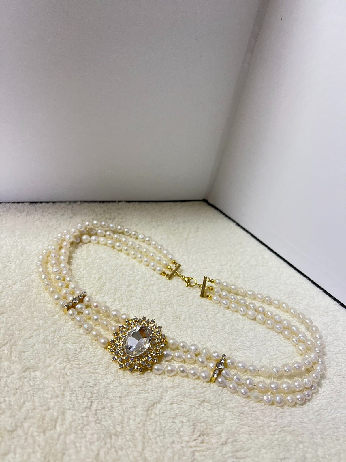 Three Strand Pearl Necklace Rhinestone Centerpiece