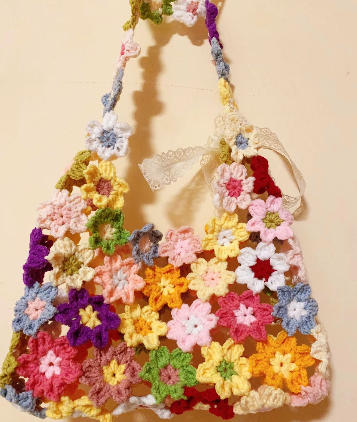 Hand Crocheted Multicolored Floral Yarn Shoulder Bag