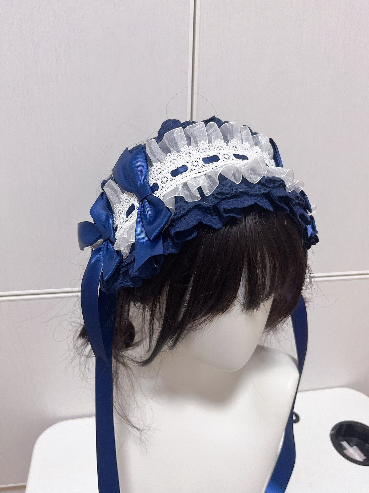 Navy Blue Lace Lolita Bonnet Headpiece