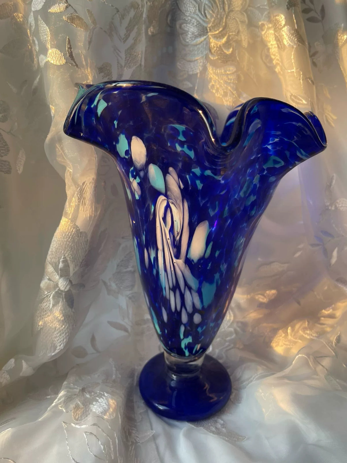 Cobalt Blue Speckled Glass Ruffled Vase