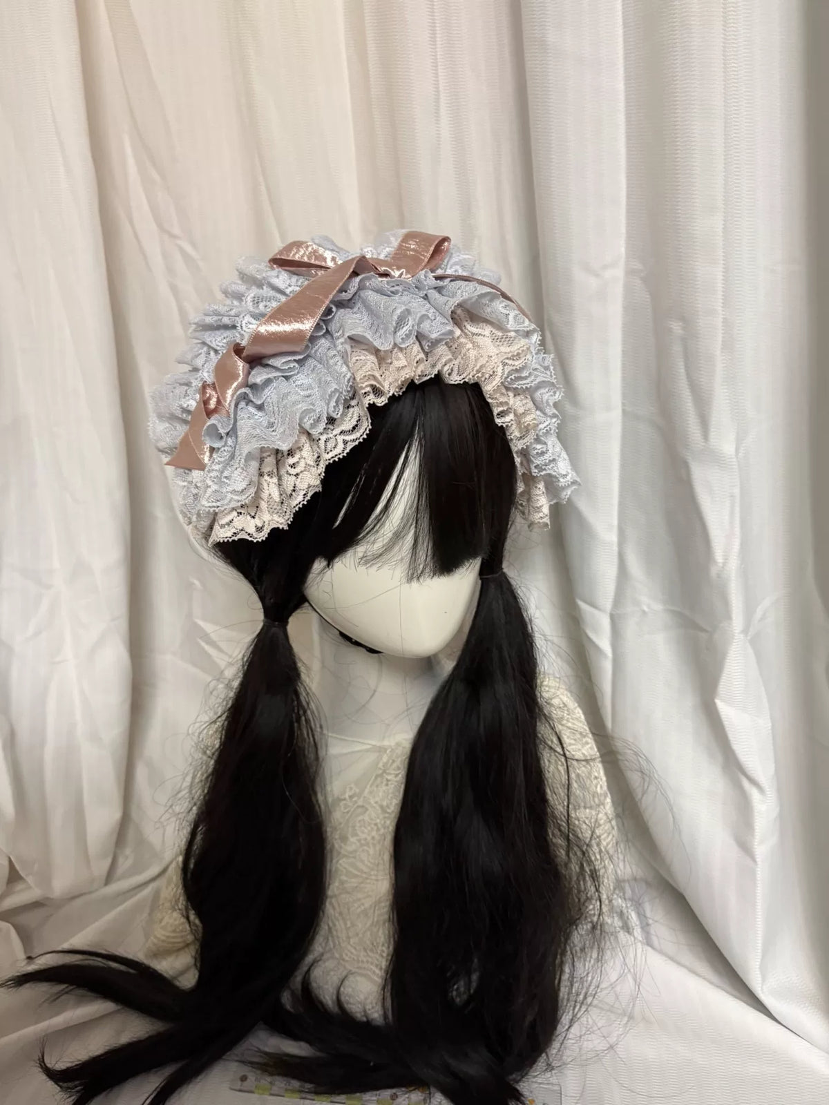 Lace Ruffled Bonnet with Rose Gold Bows