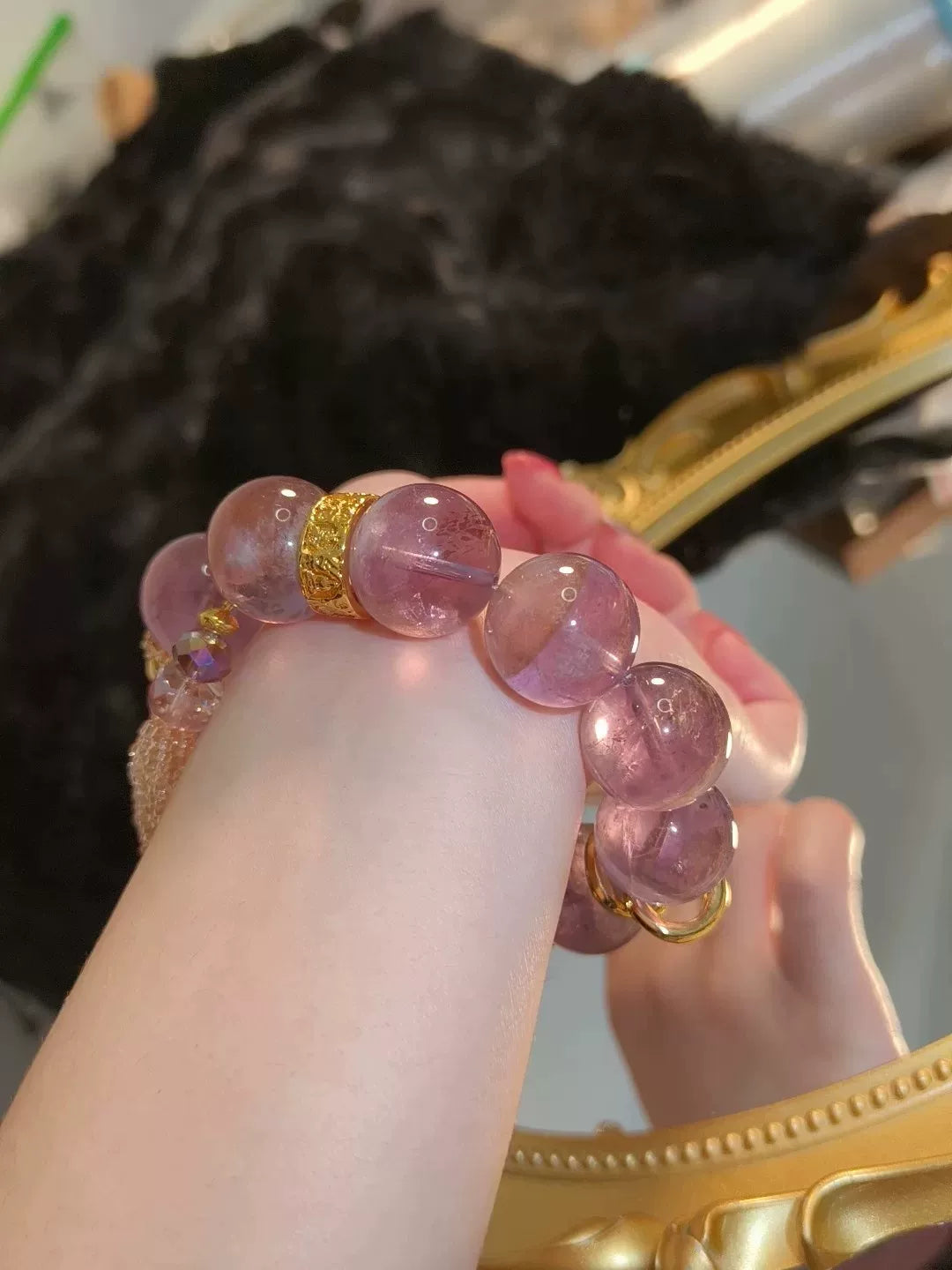 パープル×イエロー クリスタル彫刻チャームブレスレット