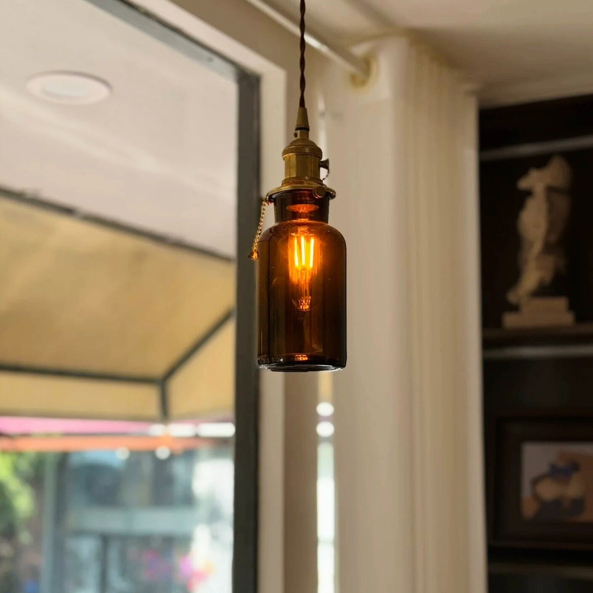 Amber Glass Pendant Light with Brass Fixture