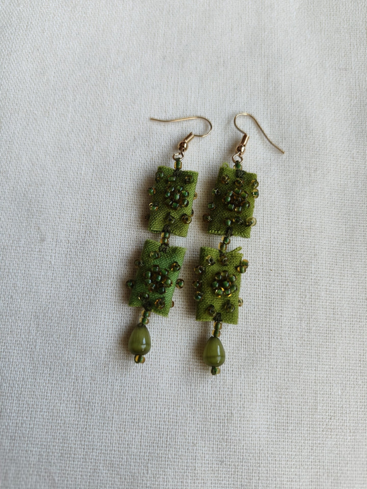 Handmade Fabric Earrings Green Beaded Tassel