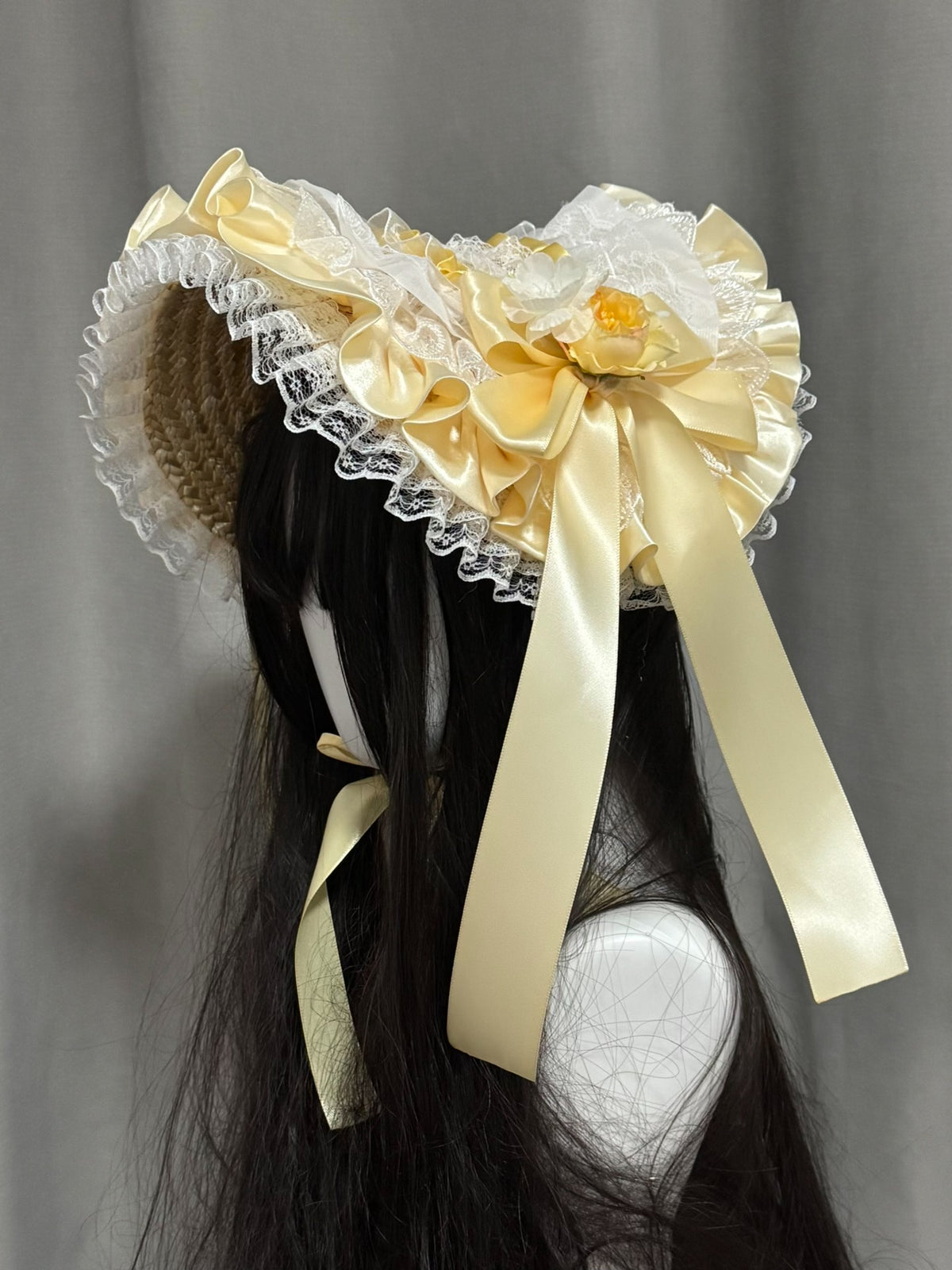 Yellow Lace Flower Lolita Straw Bonnet