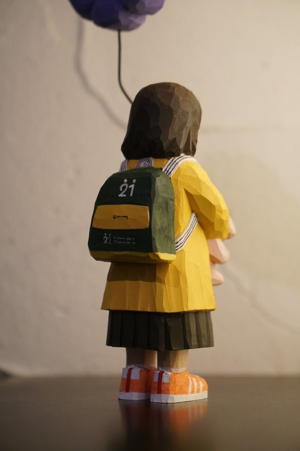 Hand-Carved Wooden Sculpture of Girl with Balloon, 14 cm