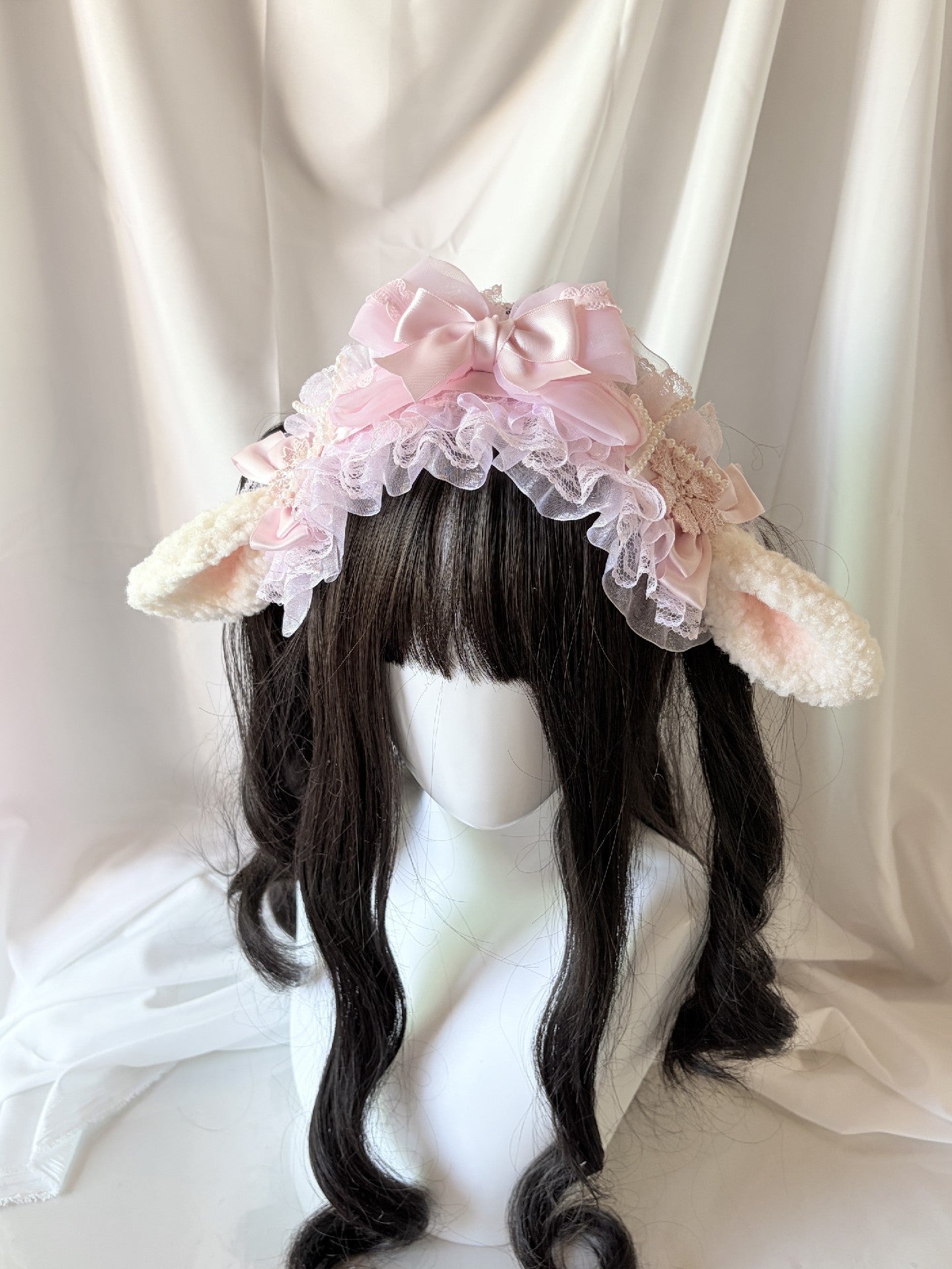 Lolita Plush Ear Headband with Lace and Satin Bow
