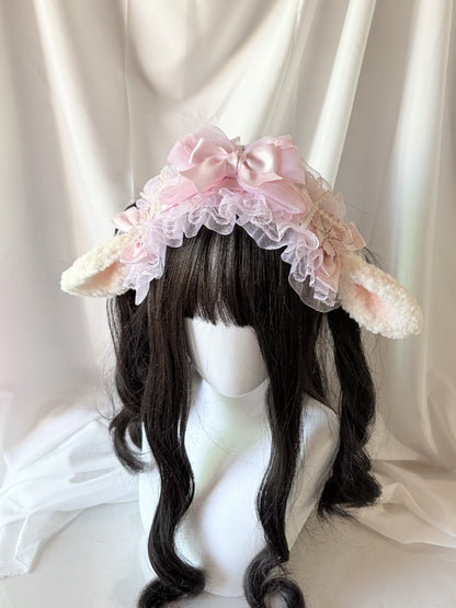 Lolita Plush Ear Headband with Lace and Satin Bow