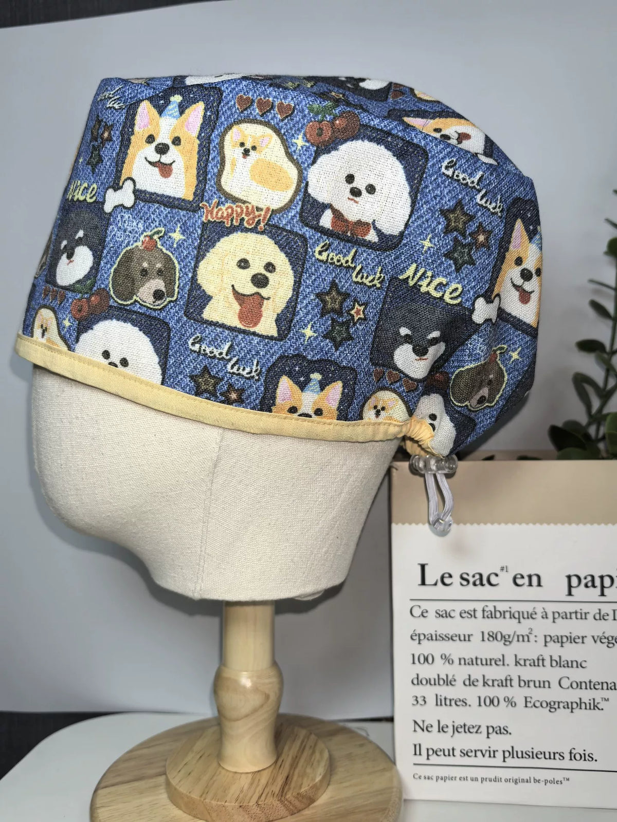 Indigo Cotton Linen Surgical Cap Dog Print