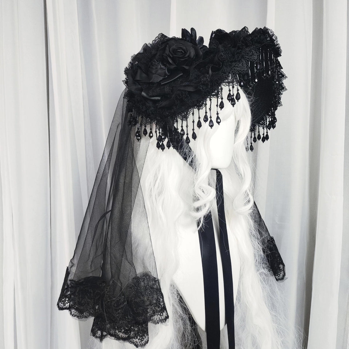 Gothic Lolita Bonnet with Beaded Fringe