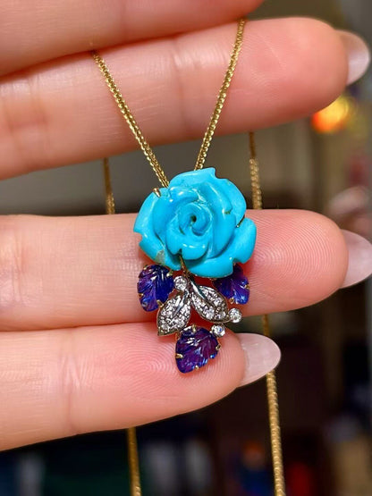 18K Gold Blue Turquoise Rose Carved Pendant with Sapphire Leaves and Diamond Accents