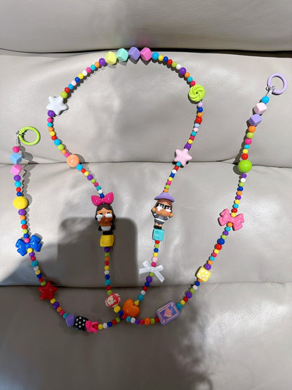 Colorful Beaded Phone Strap with Character Figures and Carabiner Clips