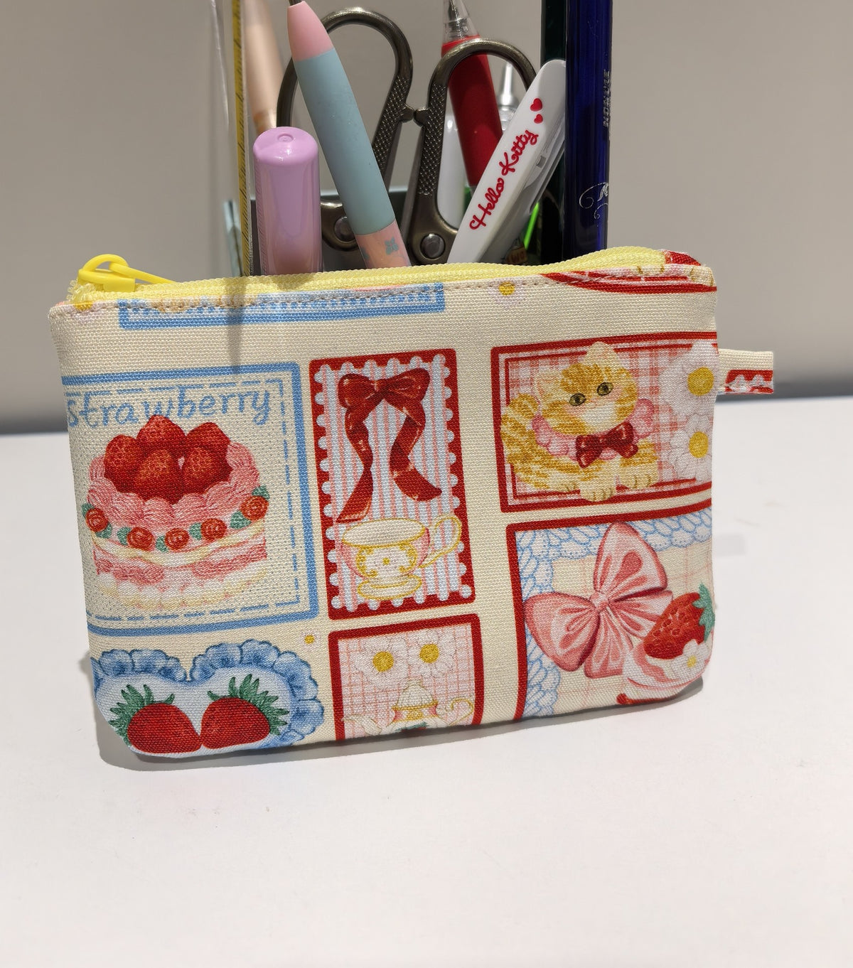 Zippered Flat Pouch with Cat Strawberry Print