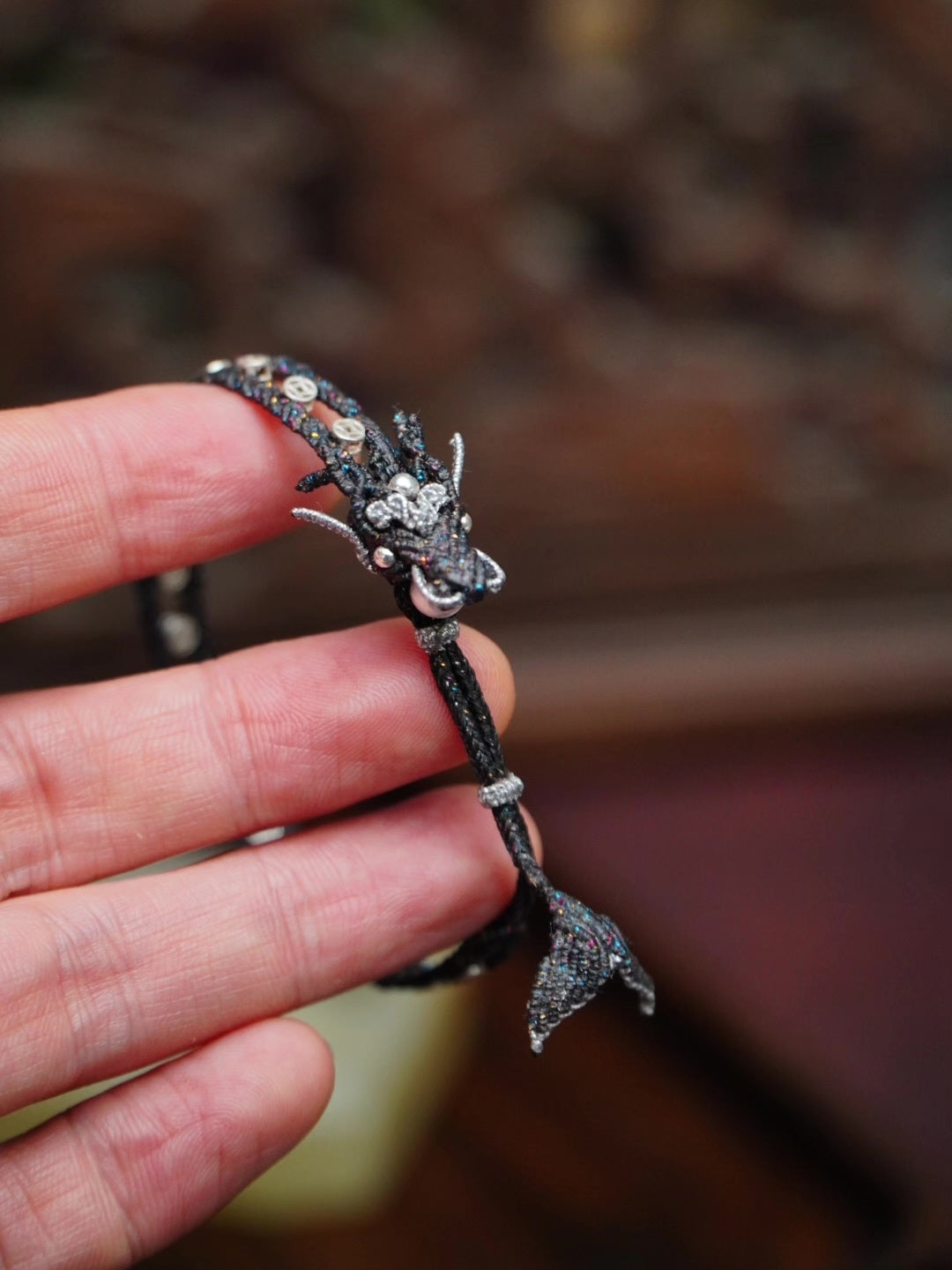 Handwoven Dragon Head Bracelet Black Waxed Thread