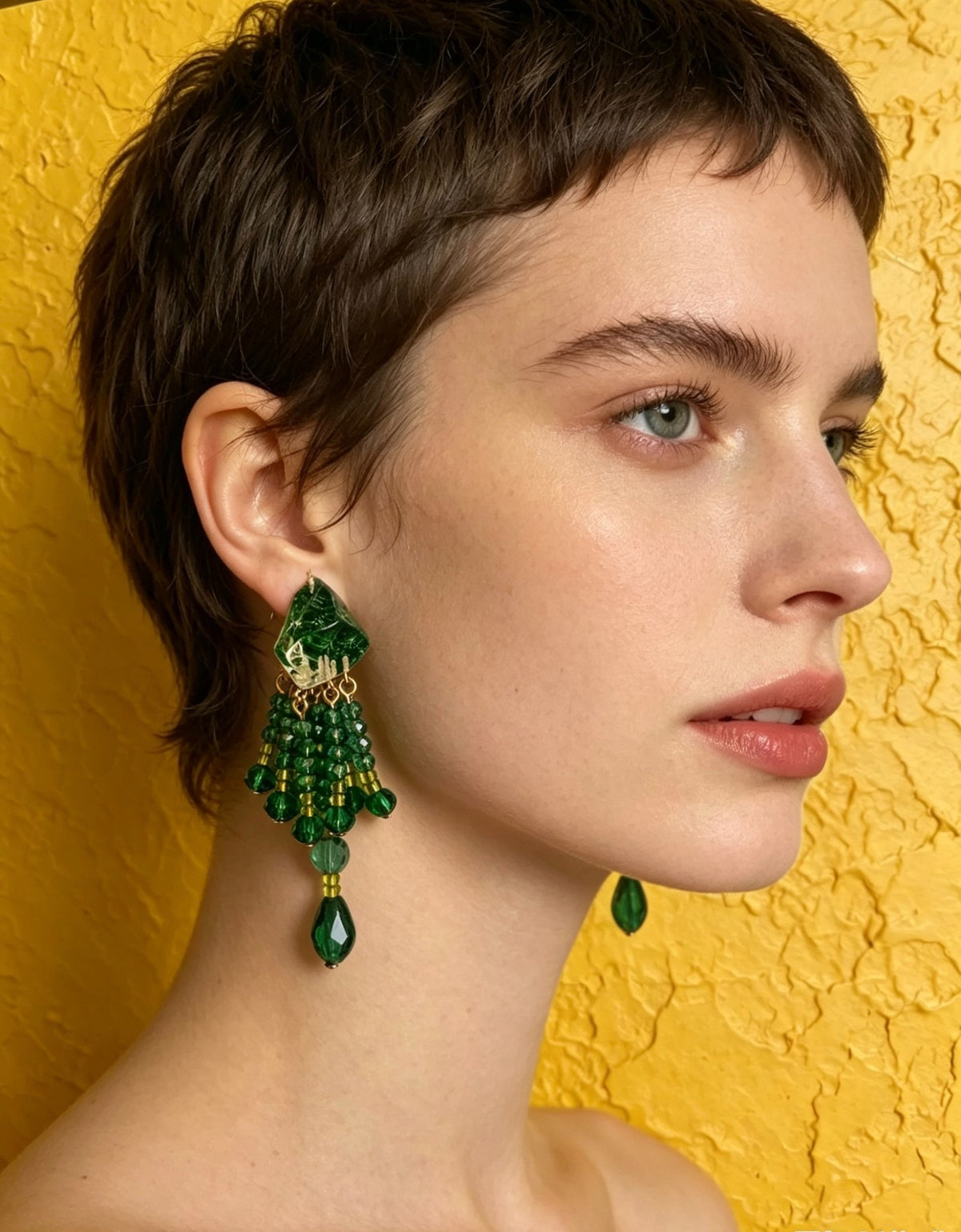Emerald Green Glass Tassel Ear Clips