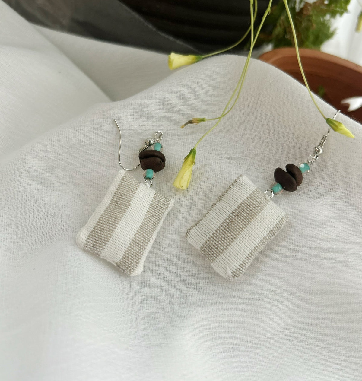 Handmade Fabric Earrings with Wooden Beads