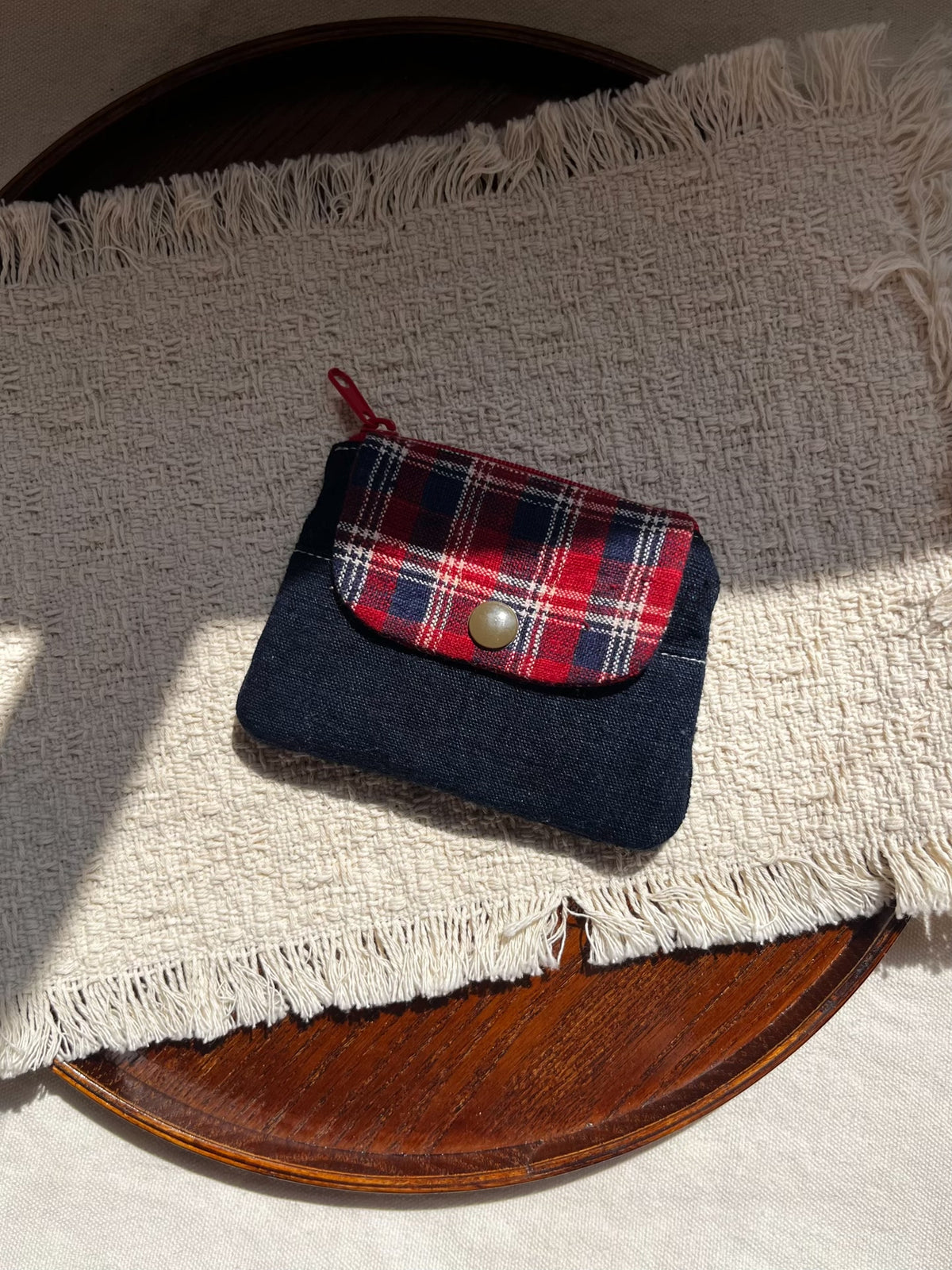 Handwoven Navy Cotton Coin Purse with Red Plaid Flap