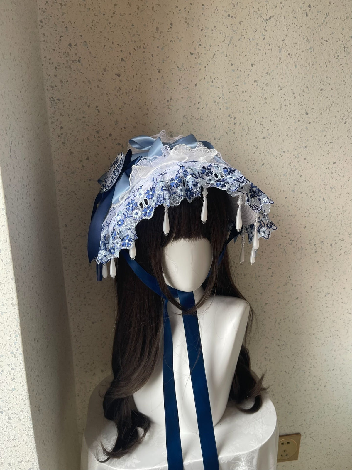 Lolita Blue White Lace Flat Bonnet