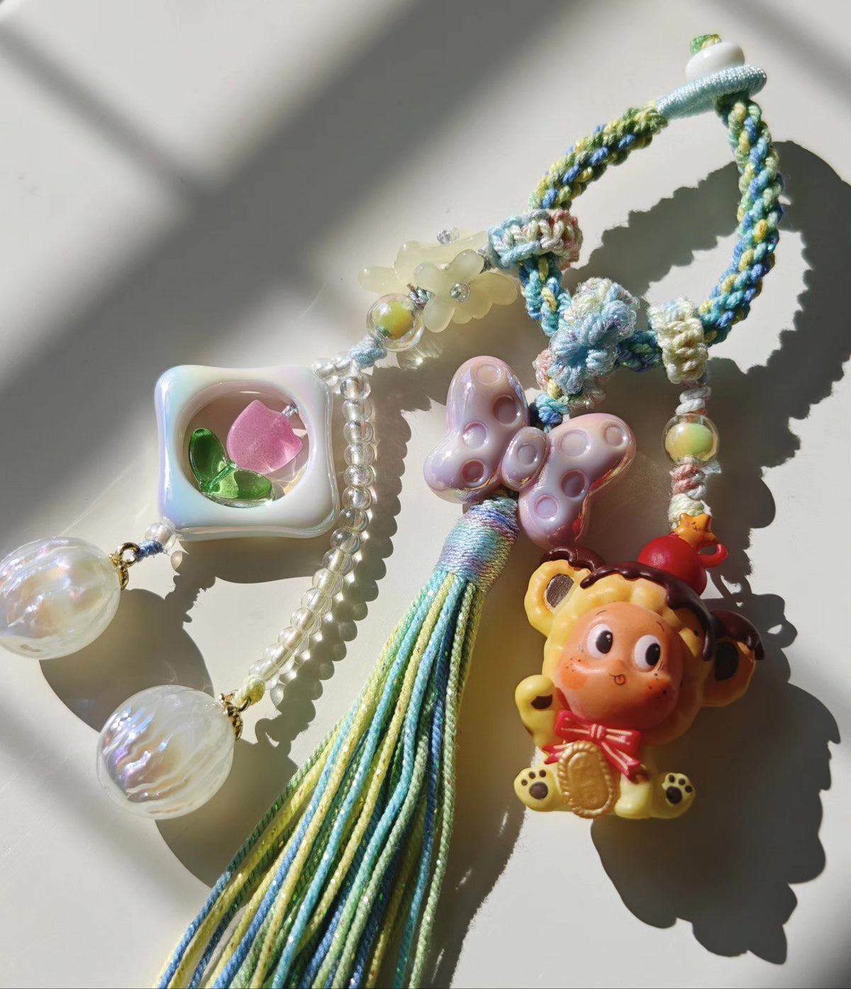 Handwoven Tassel Pendant Blue Green Star Charm