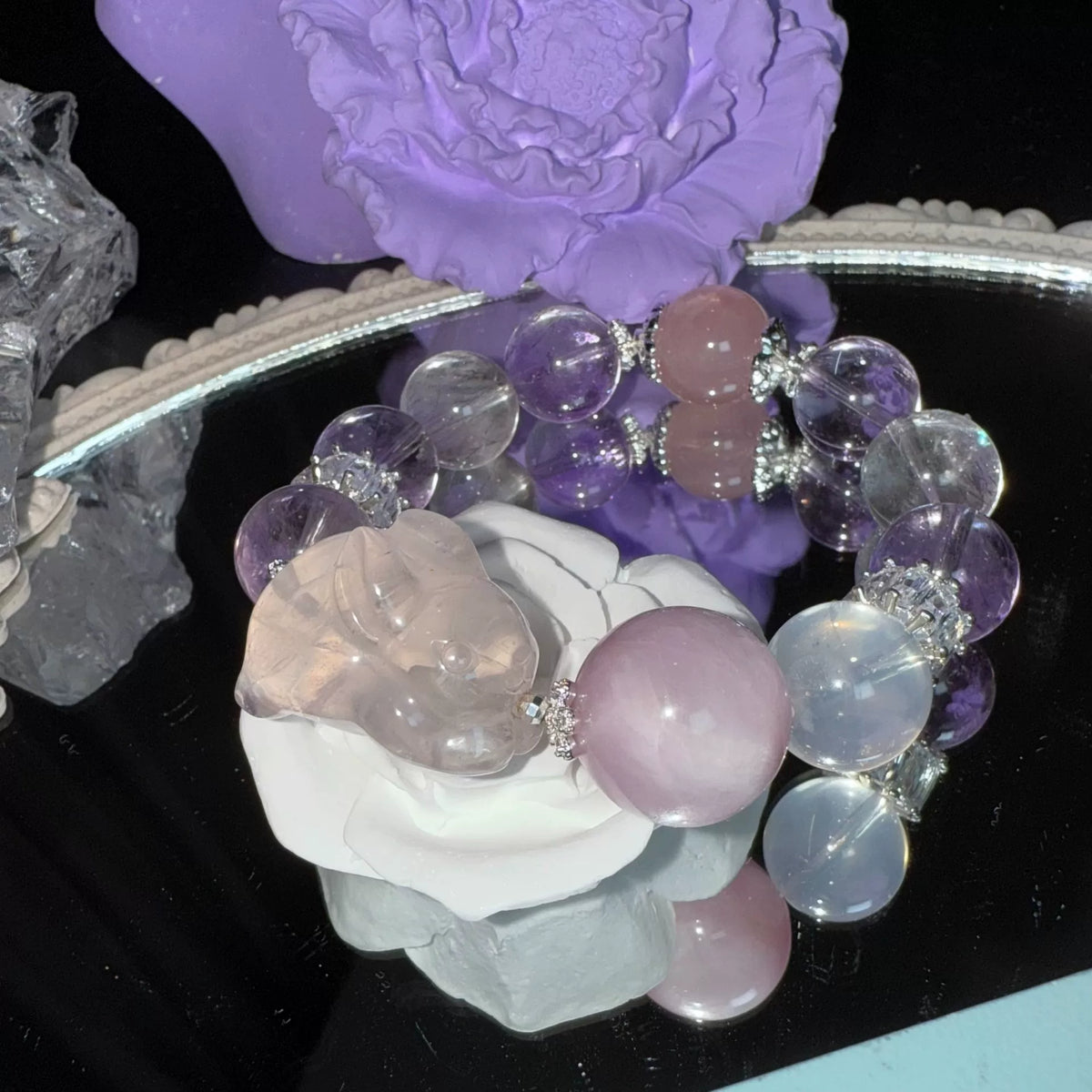 Bracciale di perle in quarzo rosa naturale e lepidolite
