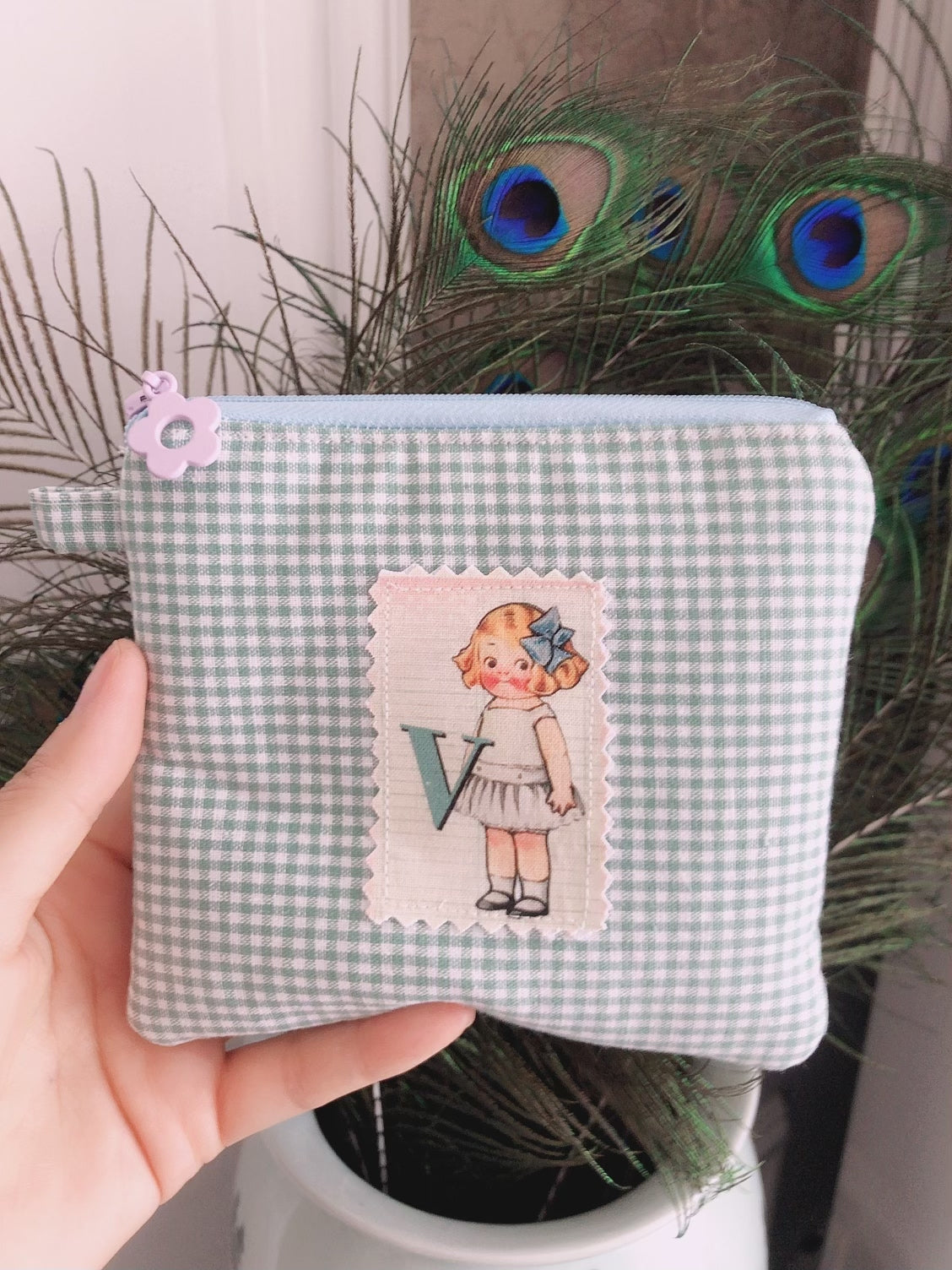 Handgemaakt Gingham Stof Muntenportje 14x12cm