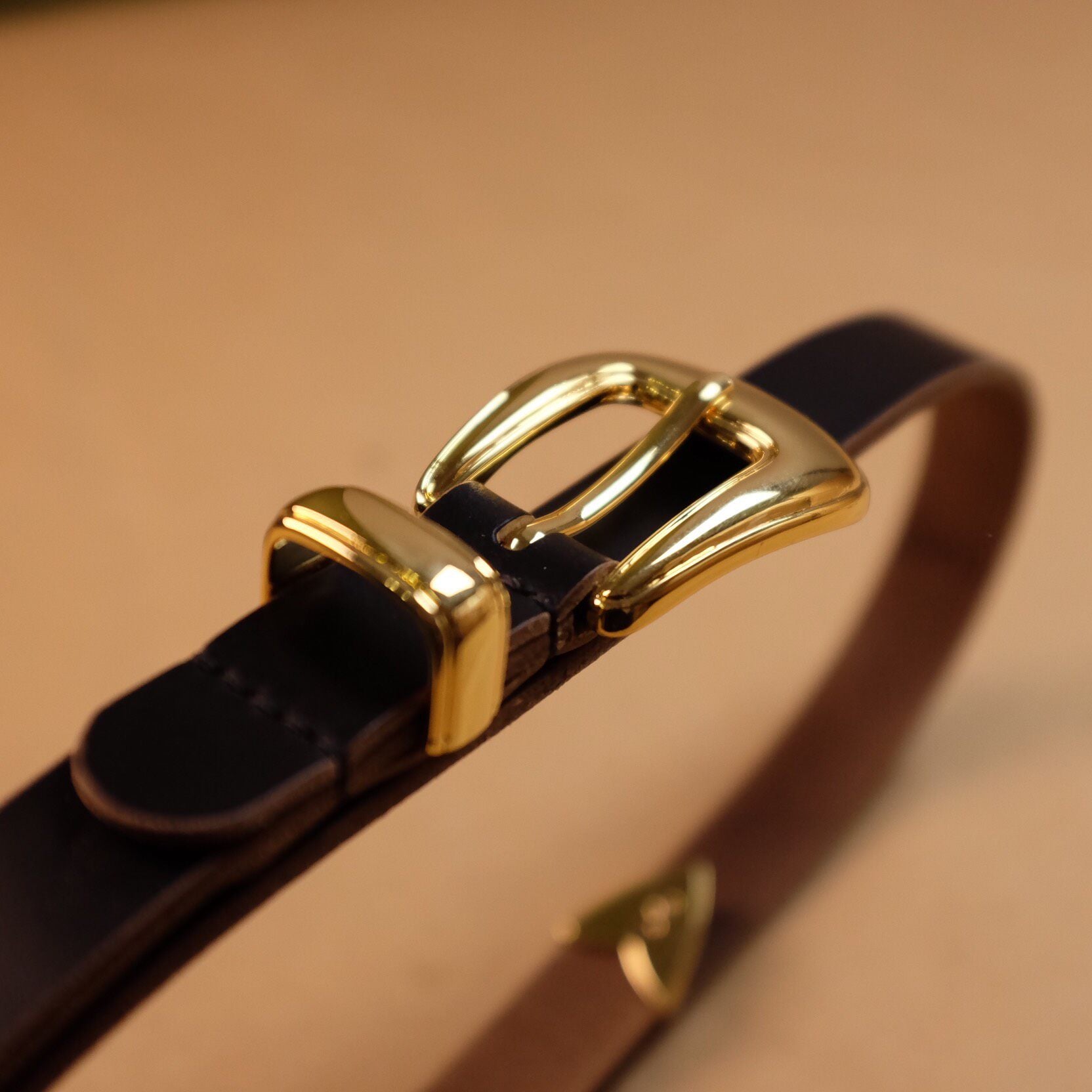 Matte Black Leather Belt with Gold-Tone Shield Buckle
